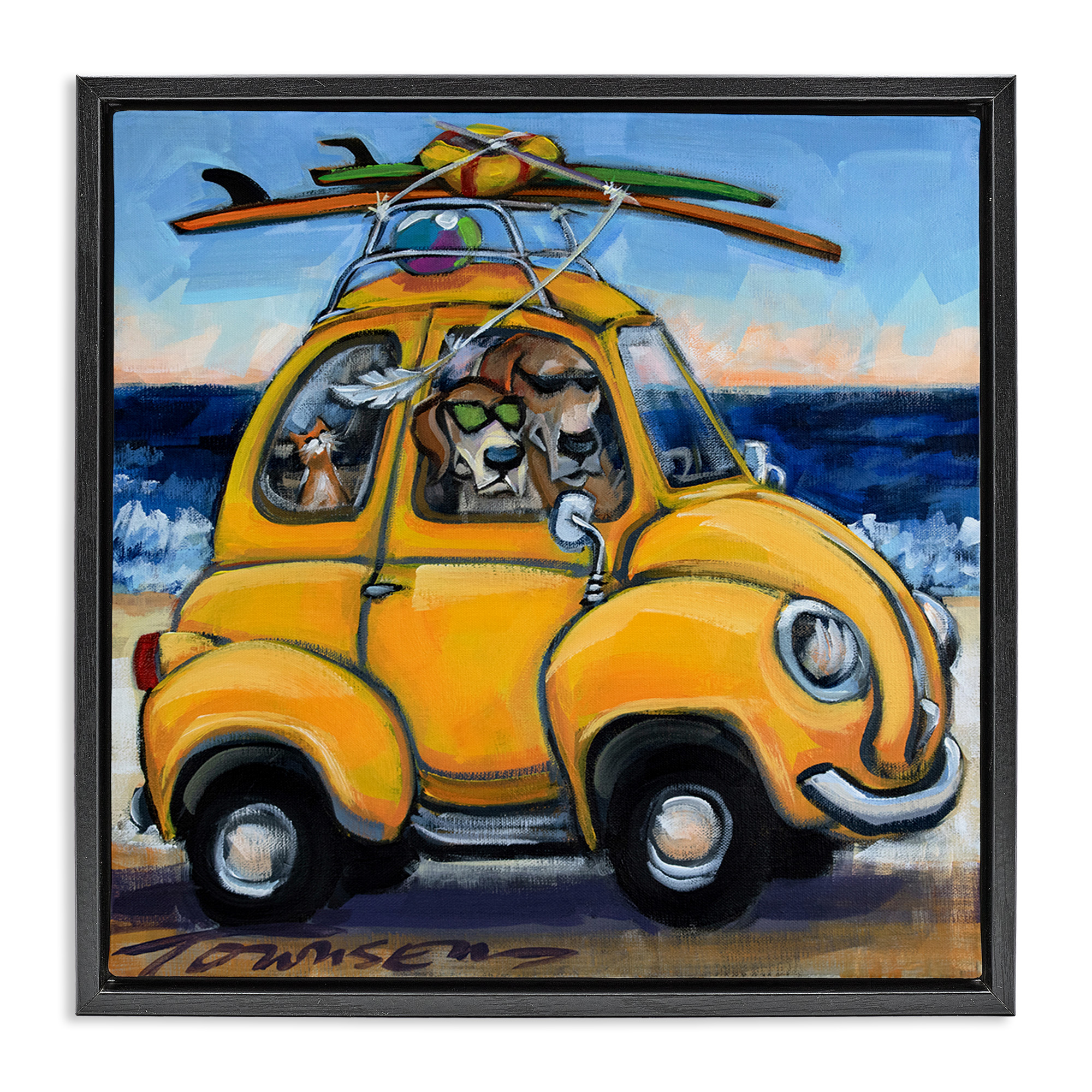 Stupell Industries Groovy Pet Beach Buggy Animals & Insects Painting Black Floater Framed Canvas Art Print Wall Art, 25 x 25