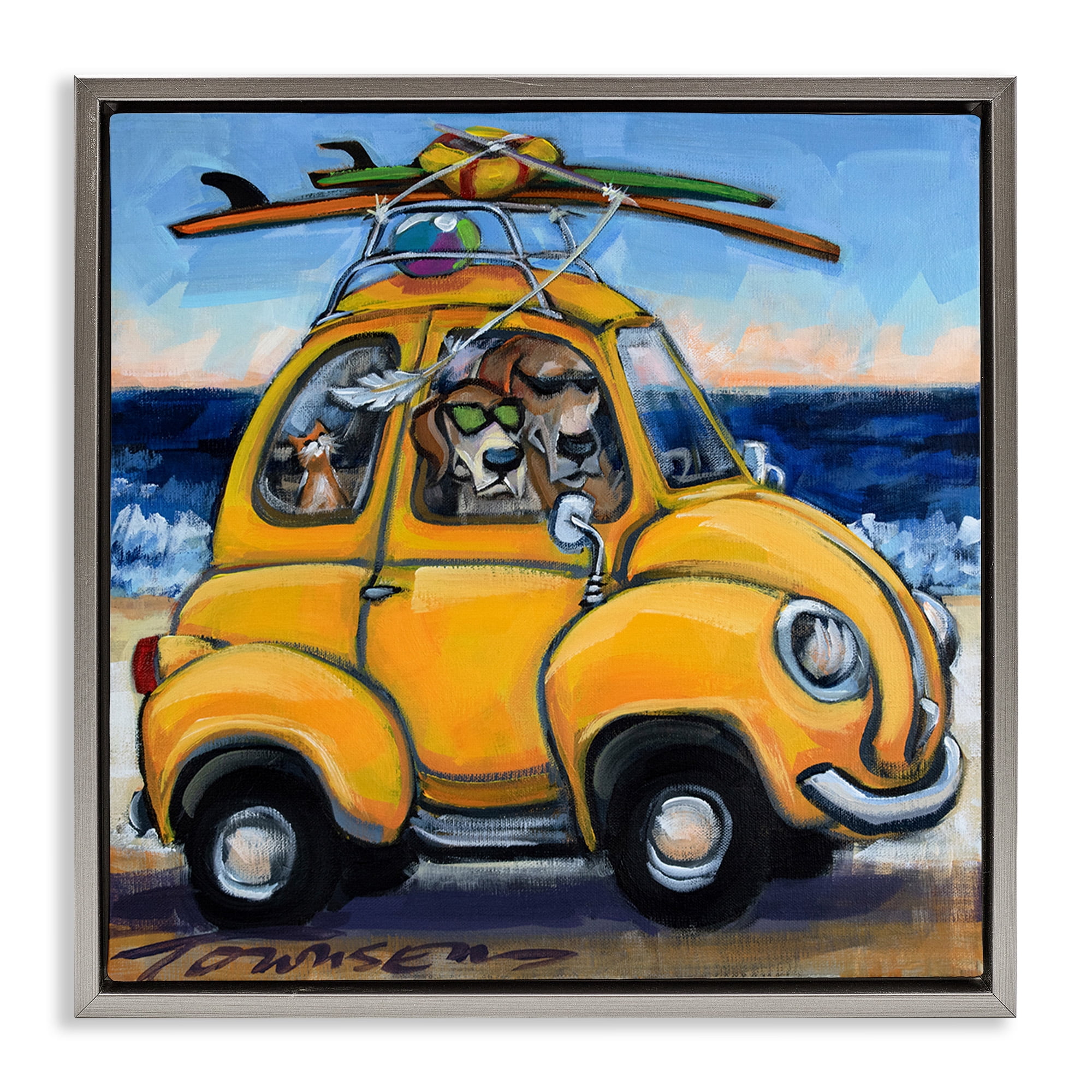 Stupell Industries Groovy Pet Beach Buggy Animals & Insects Painting Gray Floater Framed Canvas Art Print Wall Art, 18 x 18