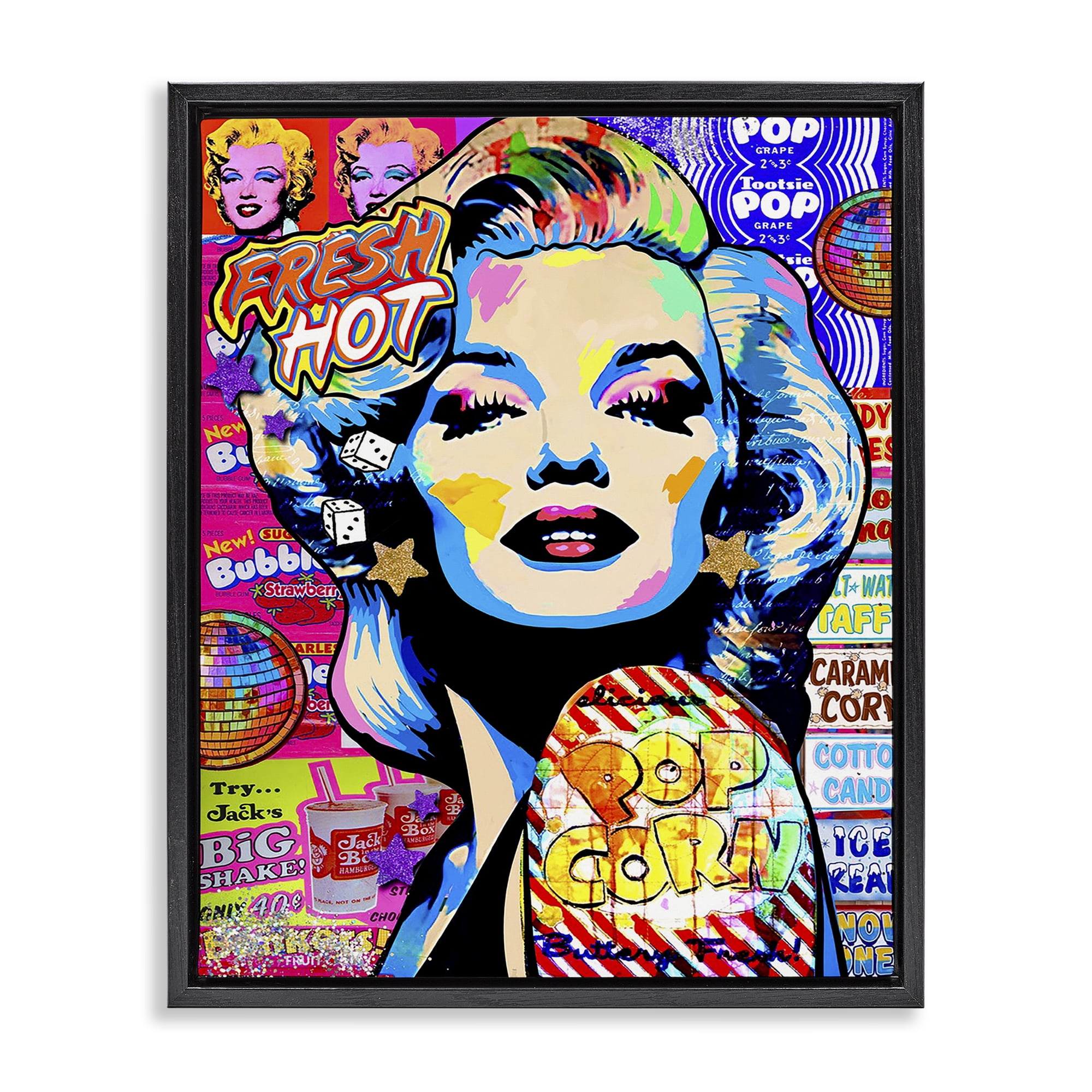 Stupell Industries Groovy Pop Style Marilyn Abstract Painting Black Floater Framed Canvas Art Print Wall Art, 17 x 21