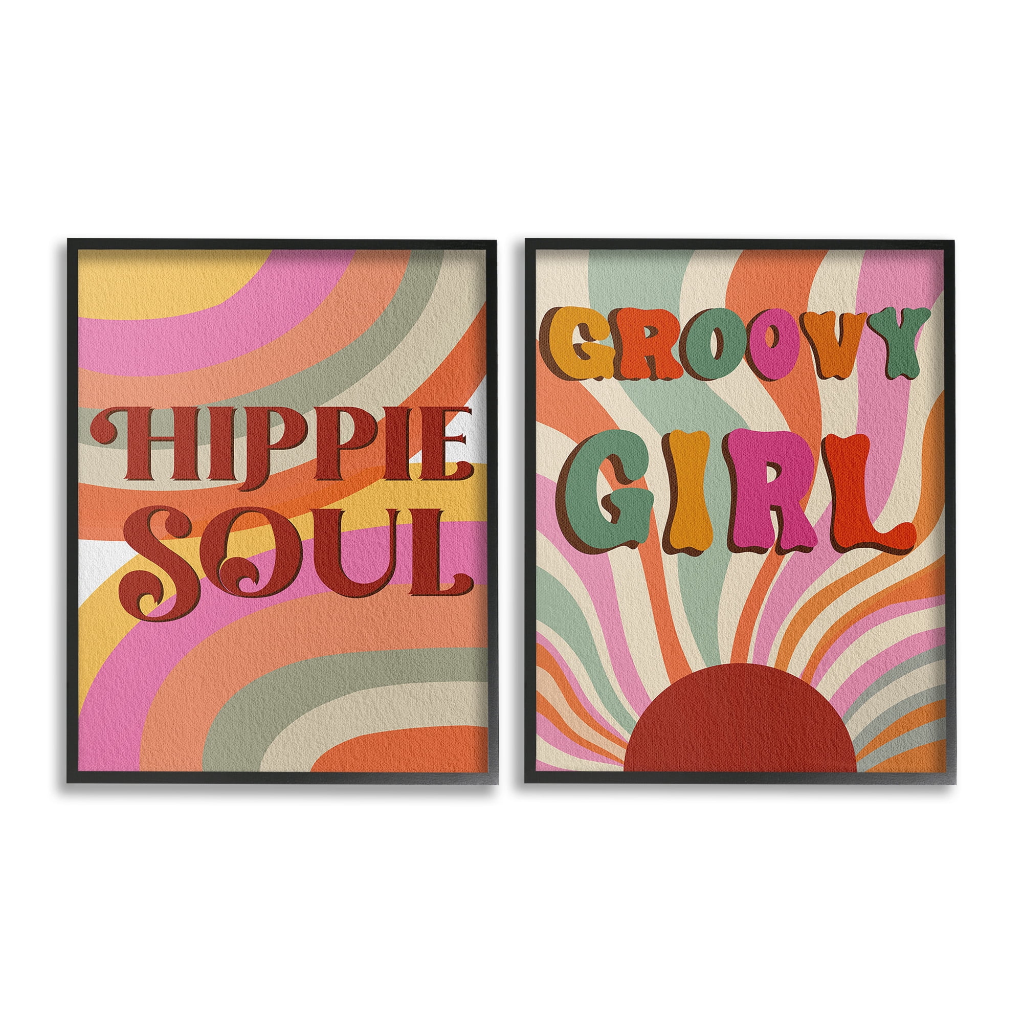 Stupell Industries Groovy Striped Phrases Abstract Painting Black Framed Art Print Wall Art, 16 x 20, Set of 2