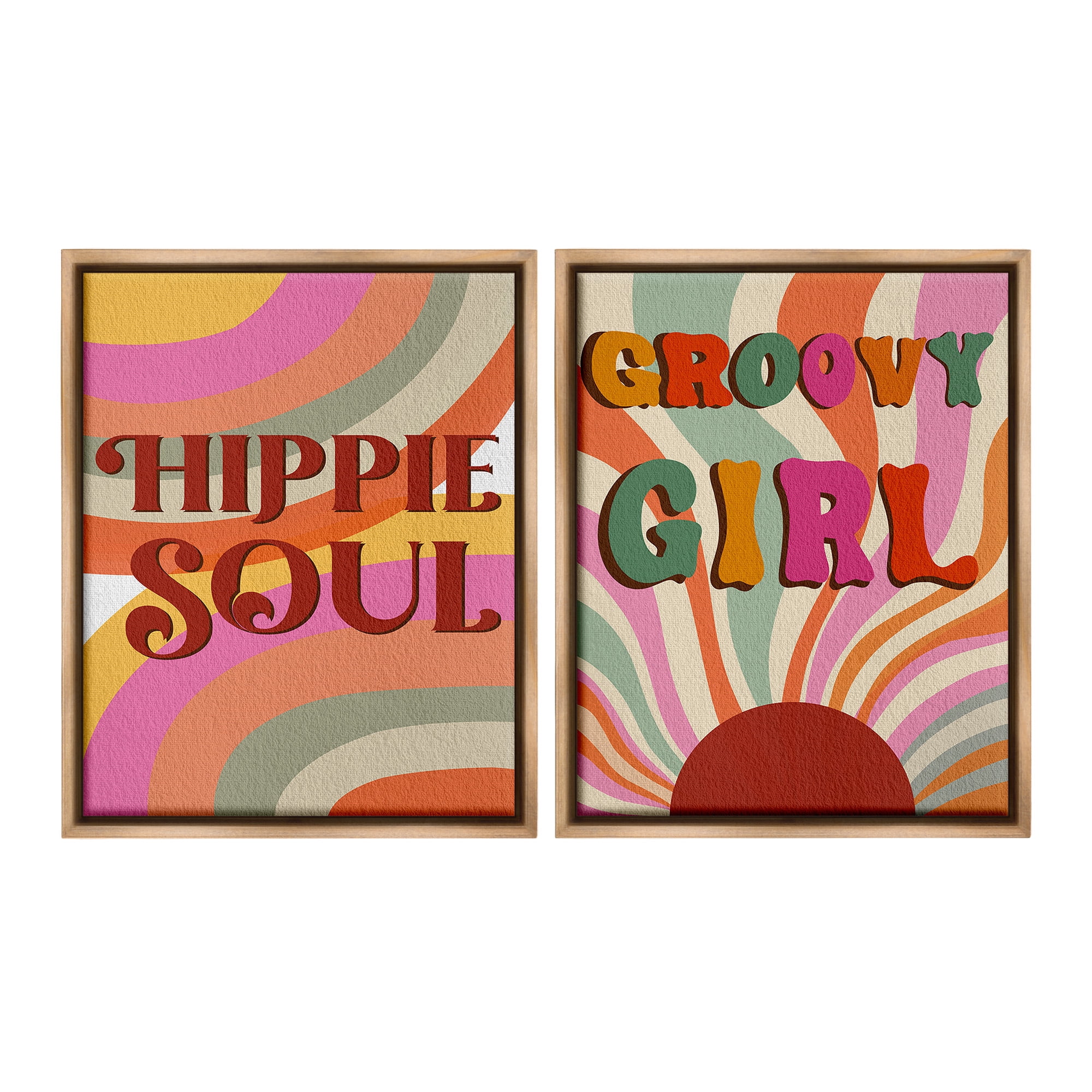 Stupell Industries Groovy Striped Phrases Abstract Painting Brown Floater Framed Canvas Art Print Wall Art, 17 x 21, Set of 2