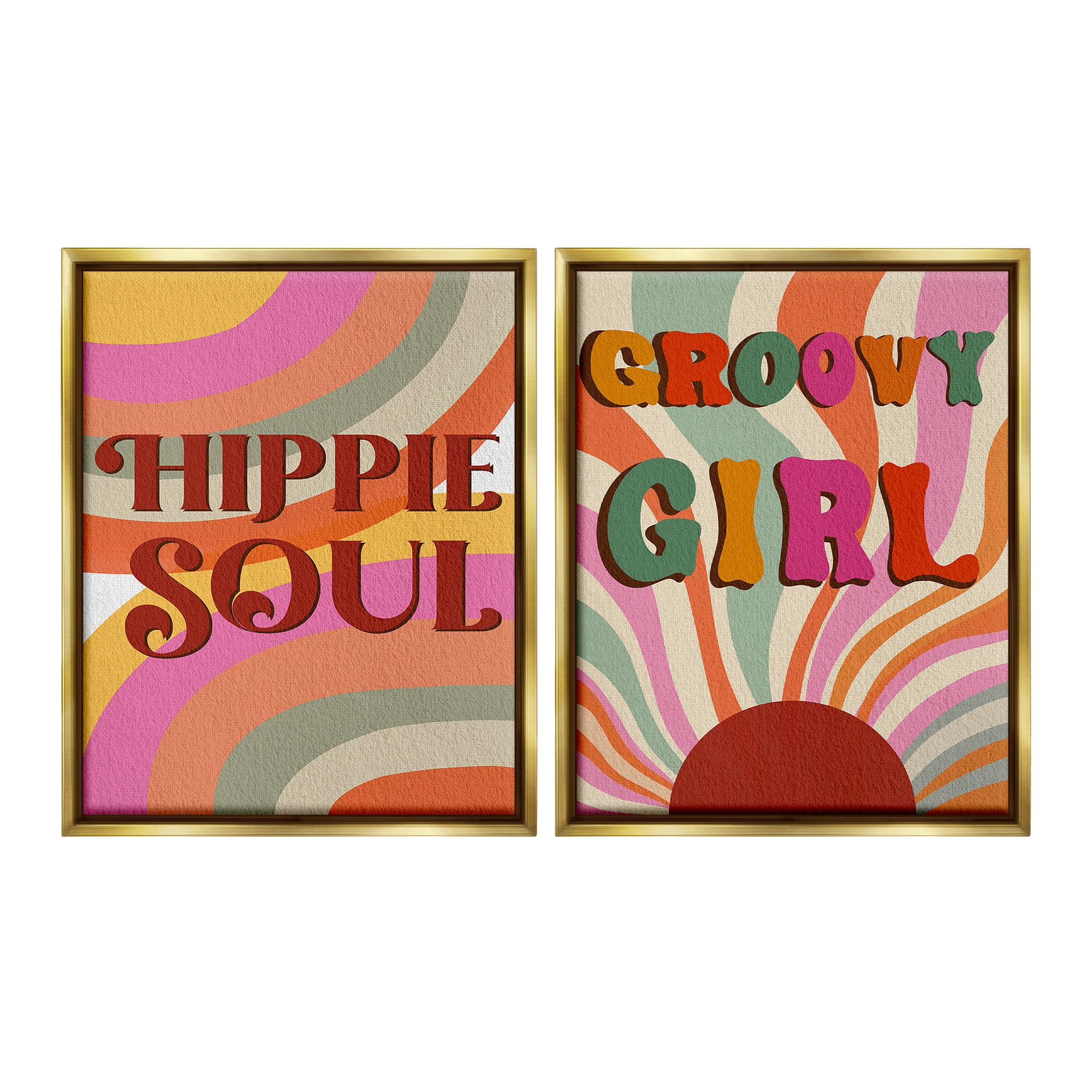 Stupell Industries Groovy Striped Phrases Abstract Painting Gold Floater Framed Canvas Art Print Wall Art, 25 x 31, Set of 2