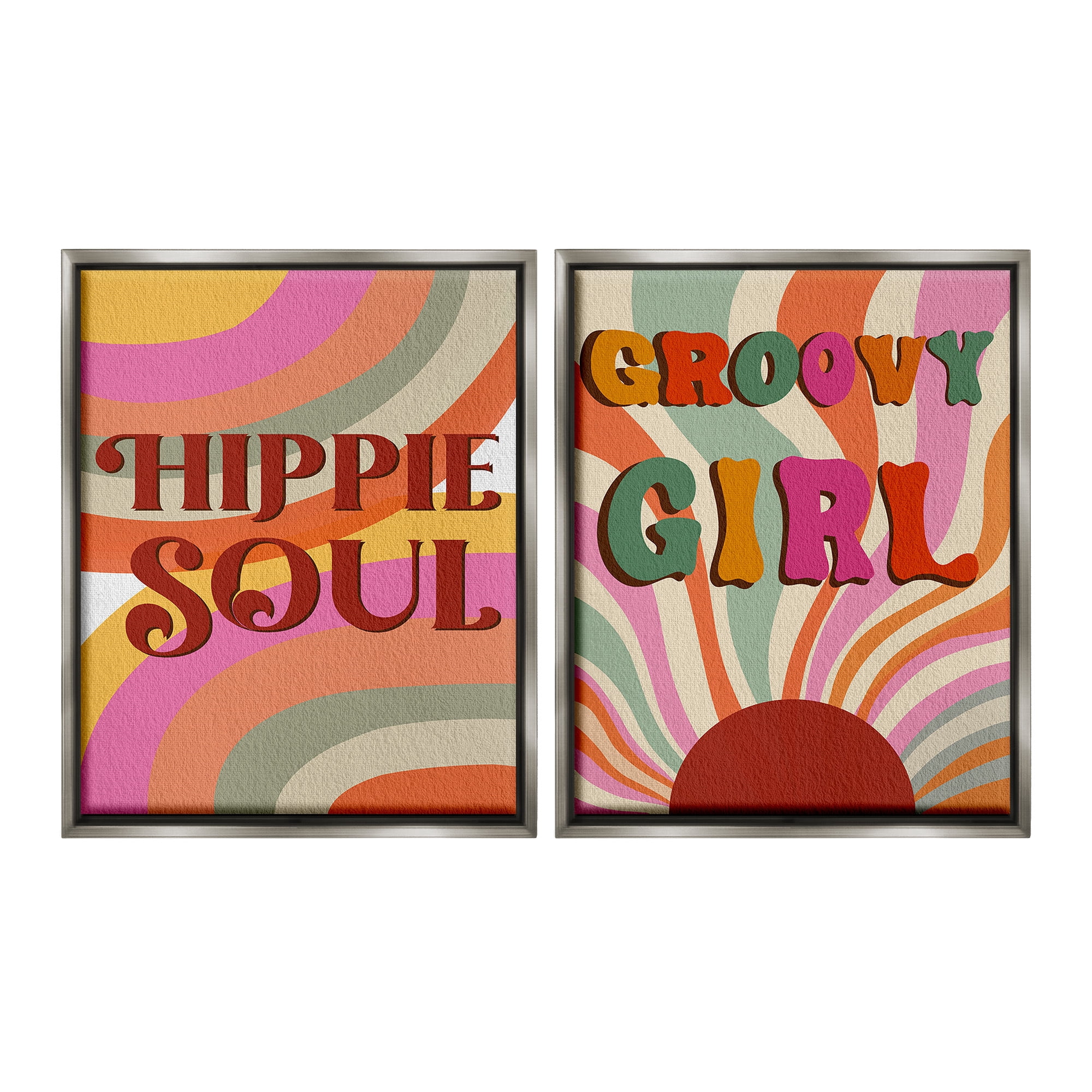 Stupell Industries Groovy Striped Phrases Abstract Painting Gray Floater Framed Canvas Art Print Wall Art, 25 x 31, Set of 2