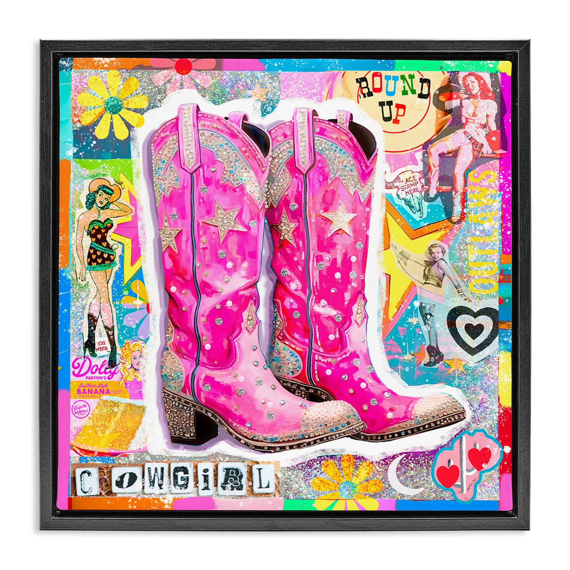 Stupell Industries Groovy Vintage Cowgirl Collage Abstract Painting Black Floater Framed Canvas Art Print Wall Art, 25 x 25