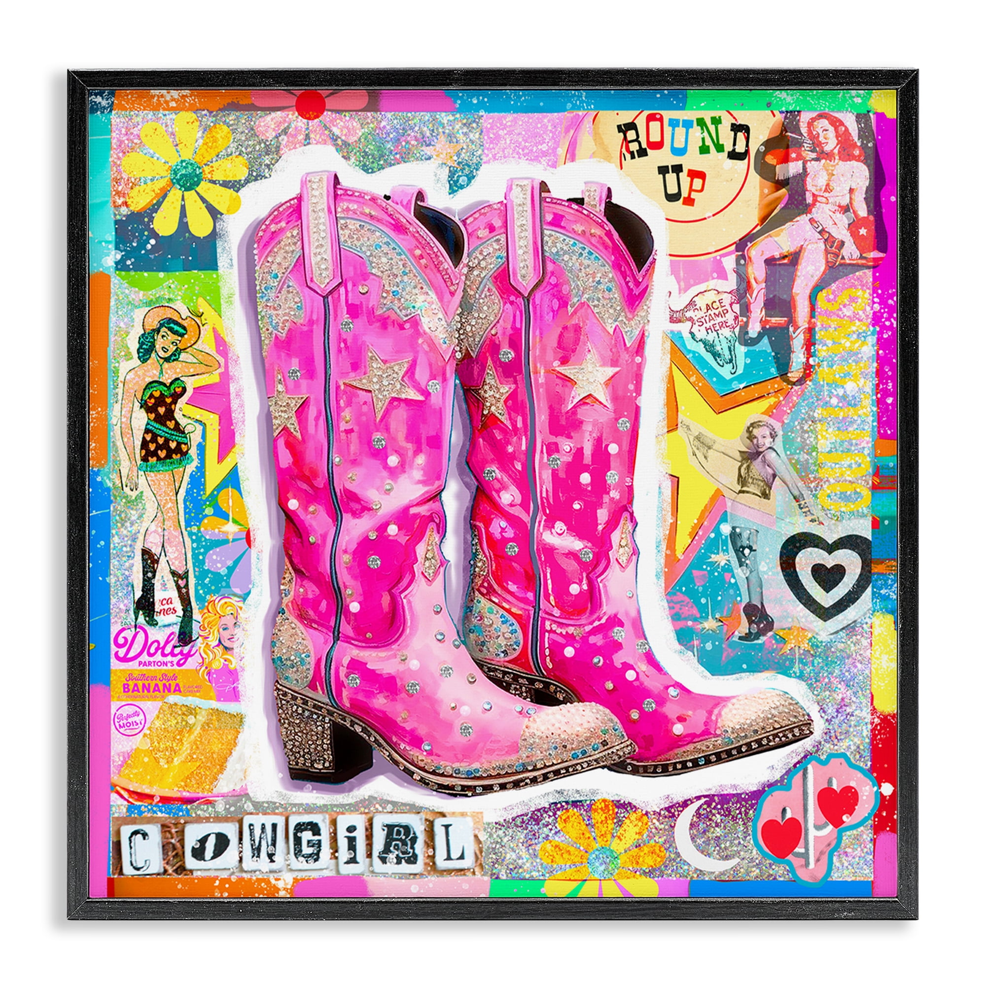 Stupell Industries Groovy Vintage Cowgirl Collage Abstract Painting Black Framed Art Print Wall Art, 17 x 17