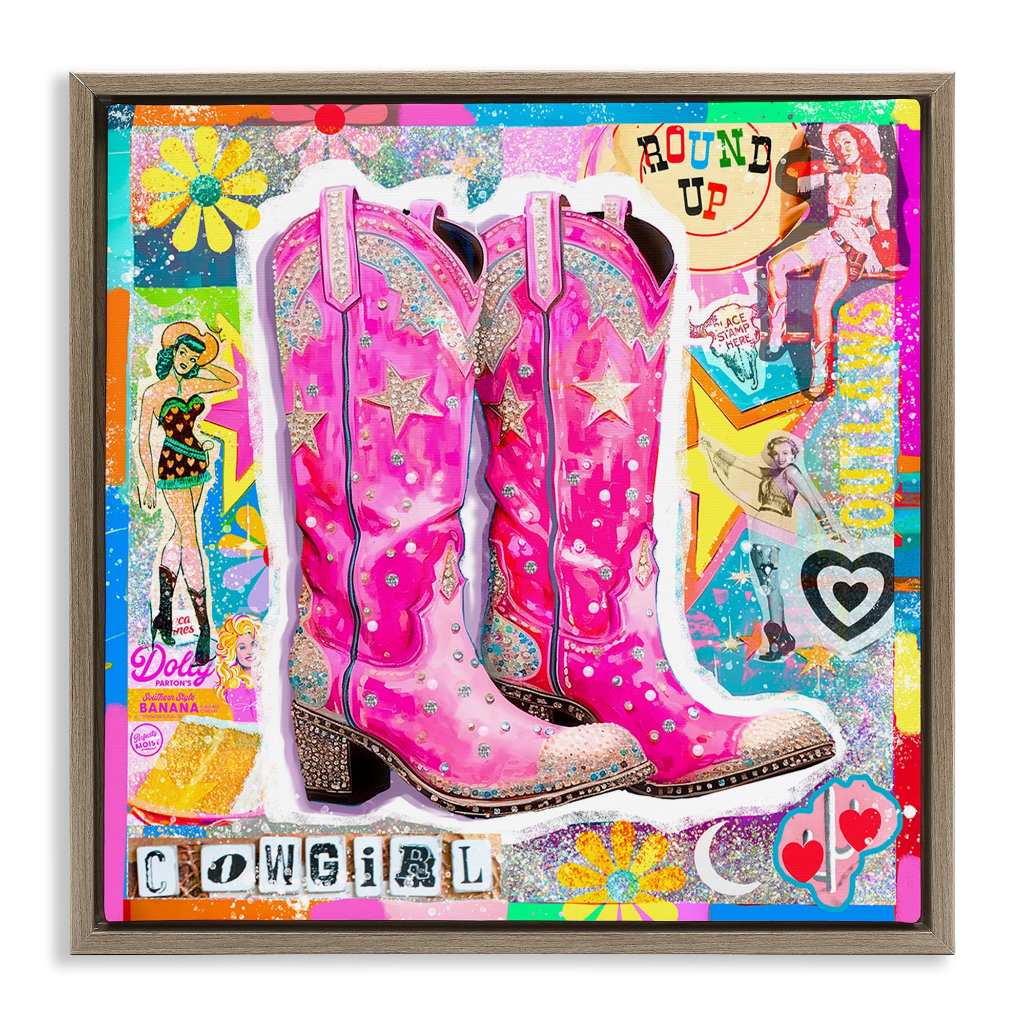 Stupell Industries Groovy Vintage Cowgirl Collage Abstract Painting Brown Floater Framed Canvas Art Print Wall Art, 18 x 18