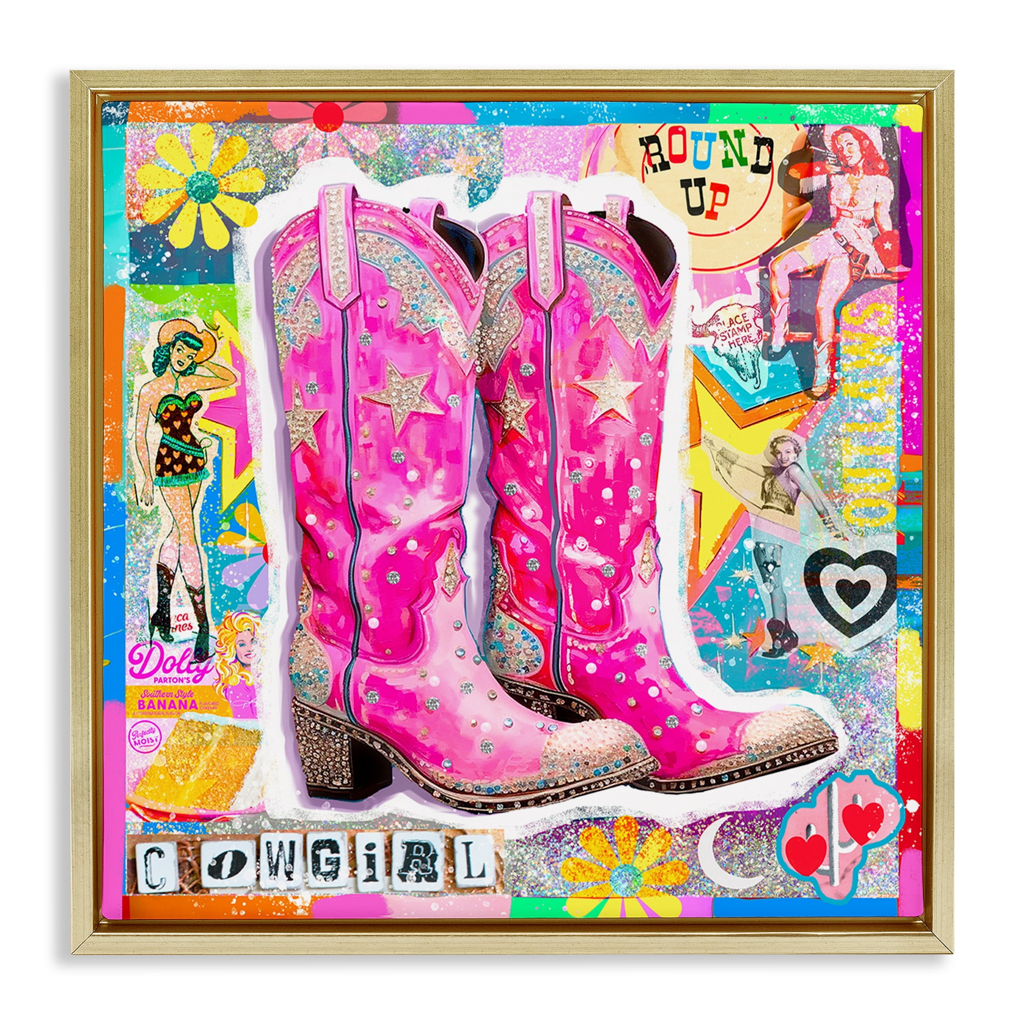 Stupell Industries Groovy Vintage Cowgirl Collage Abstract Painting Gold Floater Framed Canvas Art Print Wall Art, 25 x 25