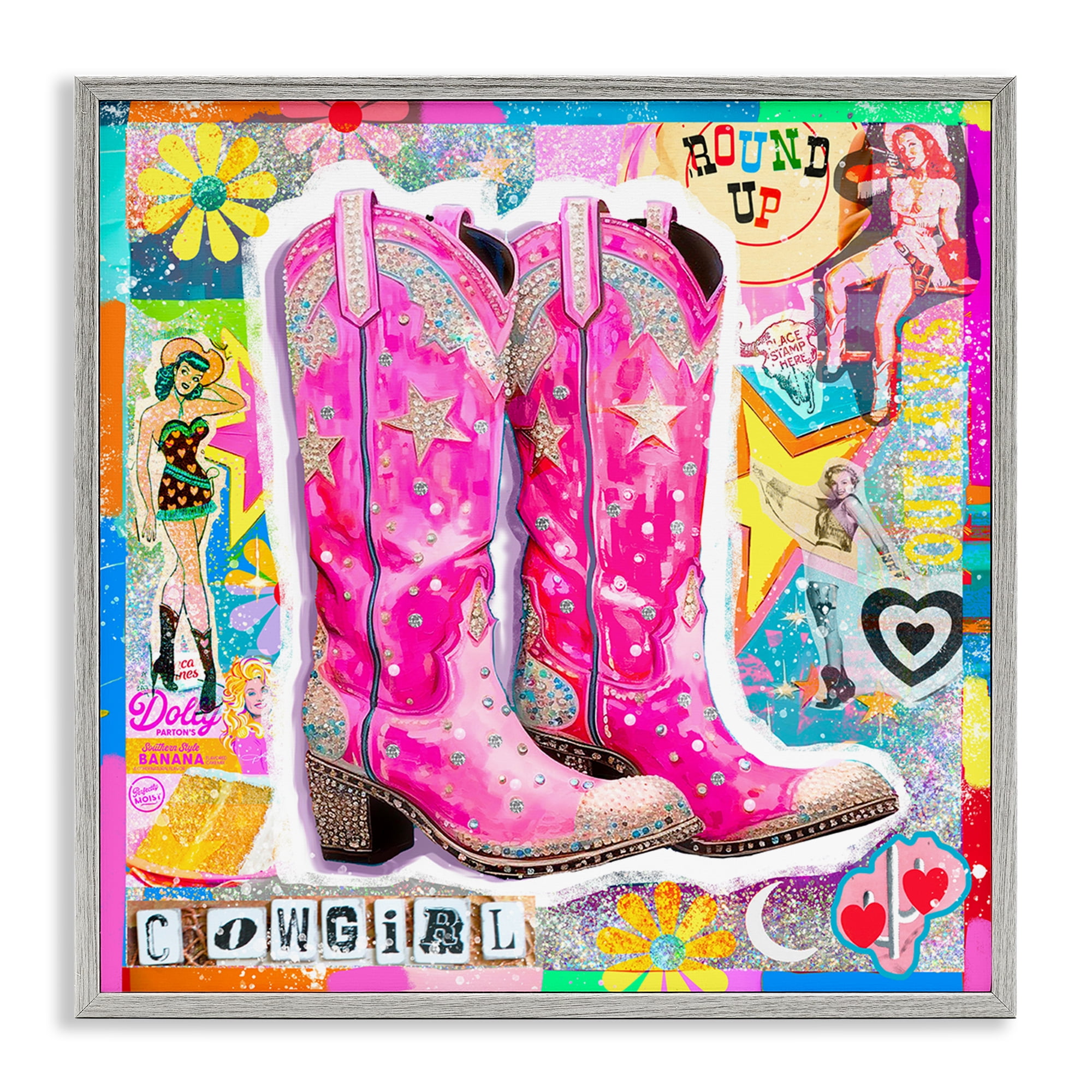 Stupell Industries Groovy Vintage Cowgirl Collage Abstract Painting Gray Framed Art Print Wall Art, 12 x 12