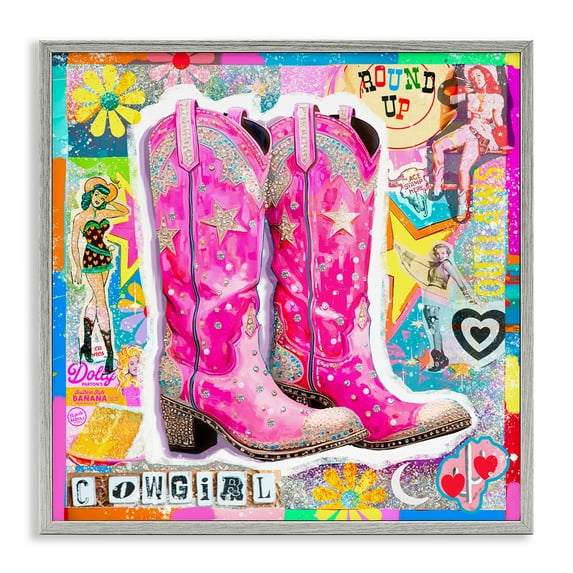 Stupell Industries Groovy Vintage Cowgirl Collage Abstract Painting Gray Framed Art Print Wall Art, 17 x 17