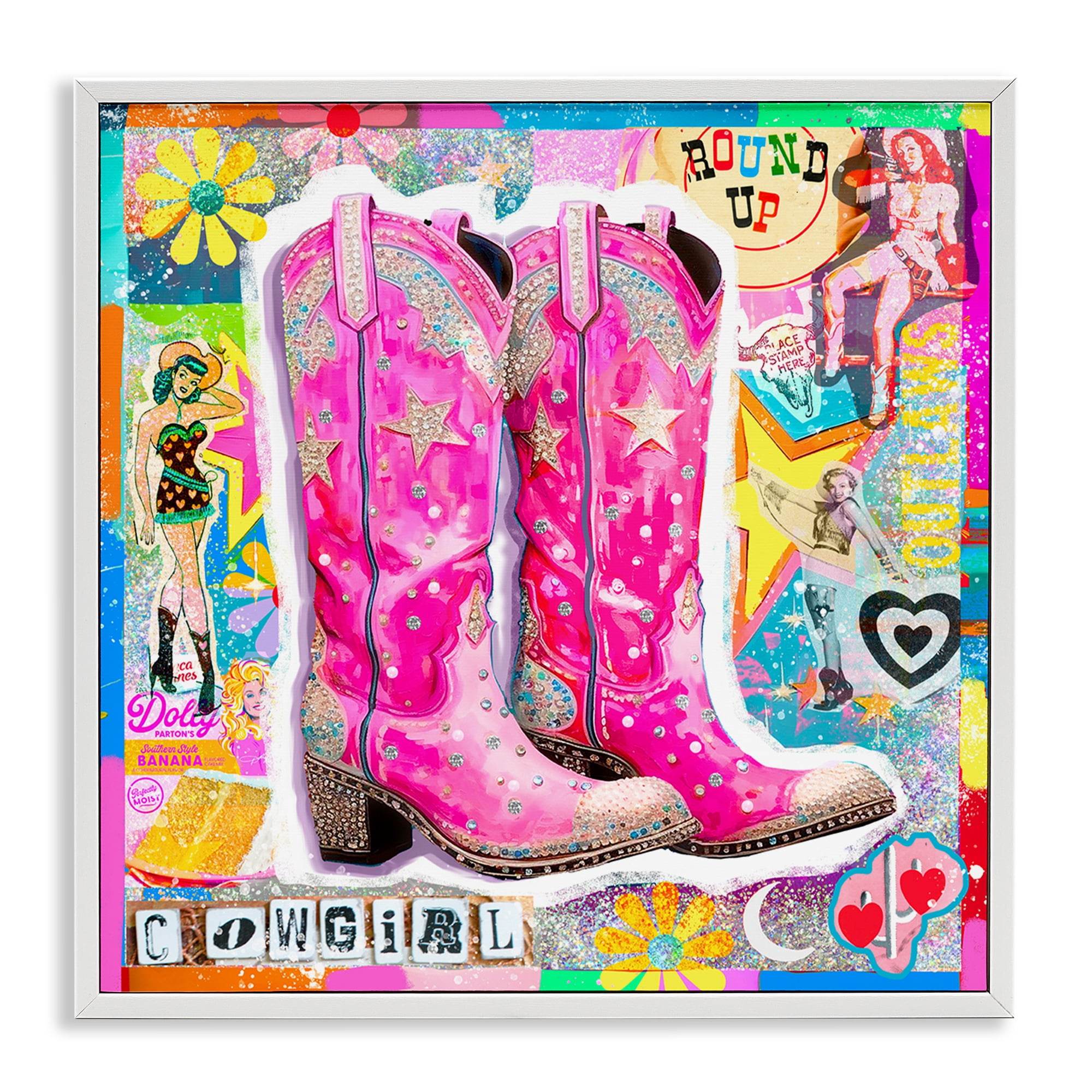 Stupell Industries Groovy Vintage Cowgirl Collage Abstract Painting White Framed Art Print Wall Art, 12 x 12