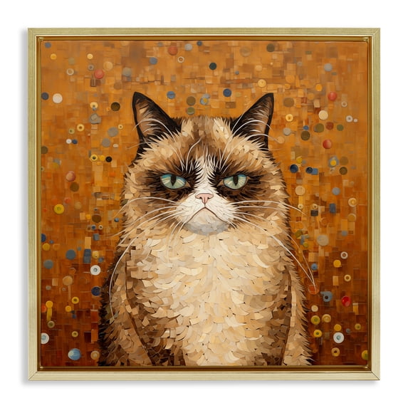 Stupell Industries Grouchy Cat in Classic Style Animals Painting Gold Floater Framed Canvas Art Print Wall Art, 25 x 25