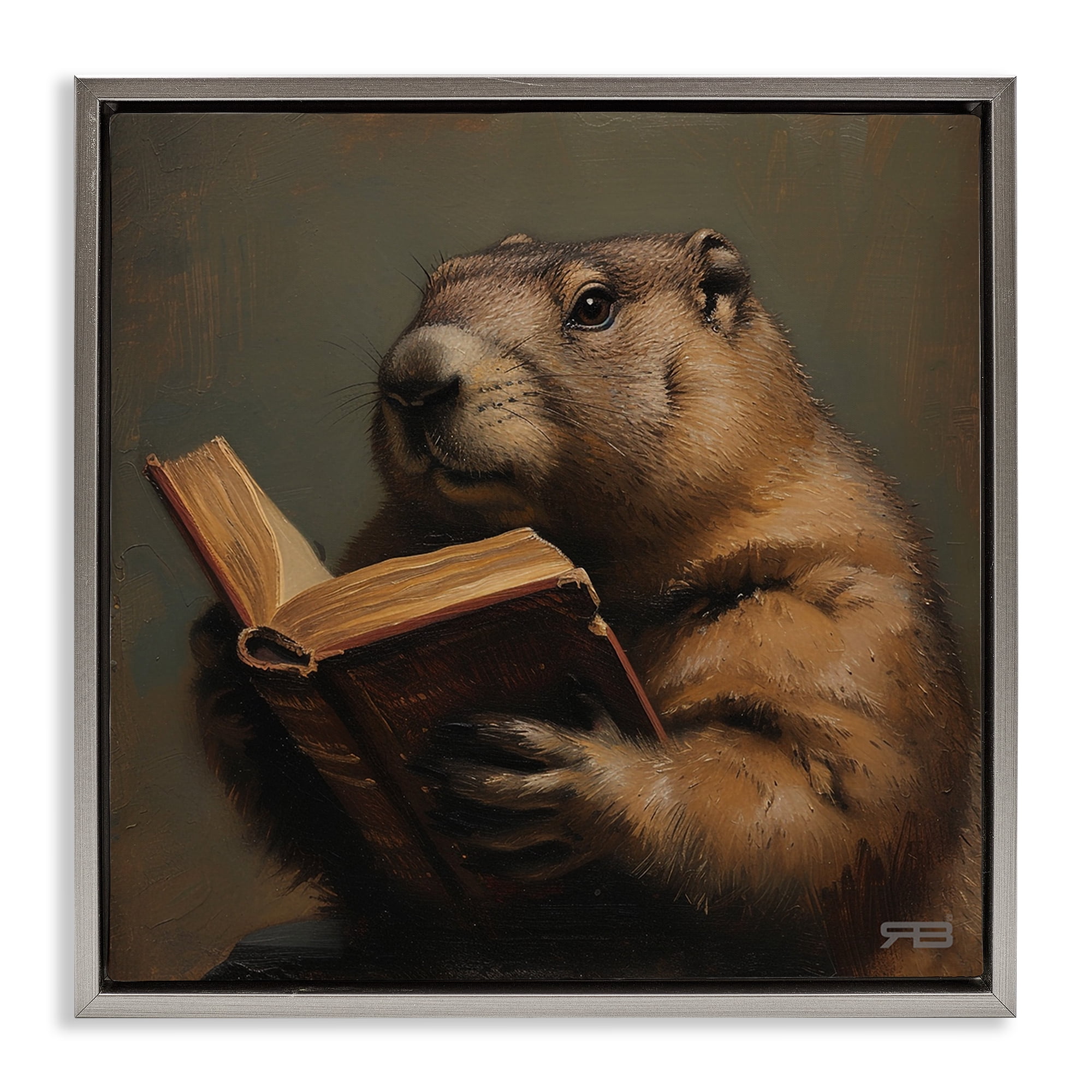 Stupell Industries Groundhog Reading Book Animals & Insects Painting Gray Floater Framed Canvas Art Print Wall Art, 18 x 18