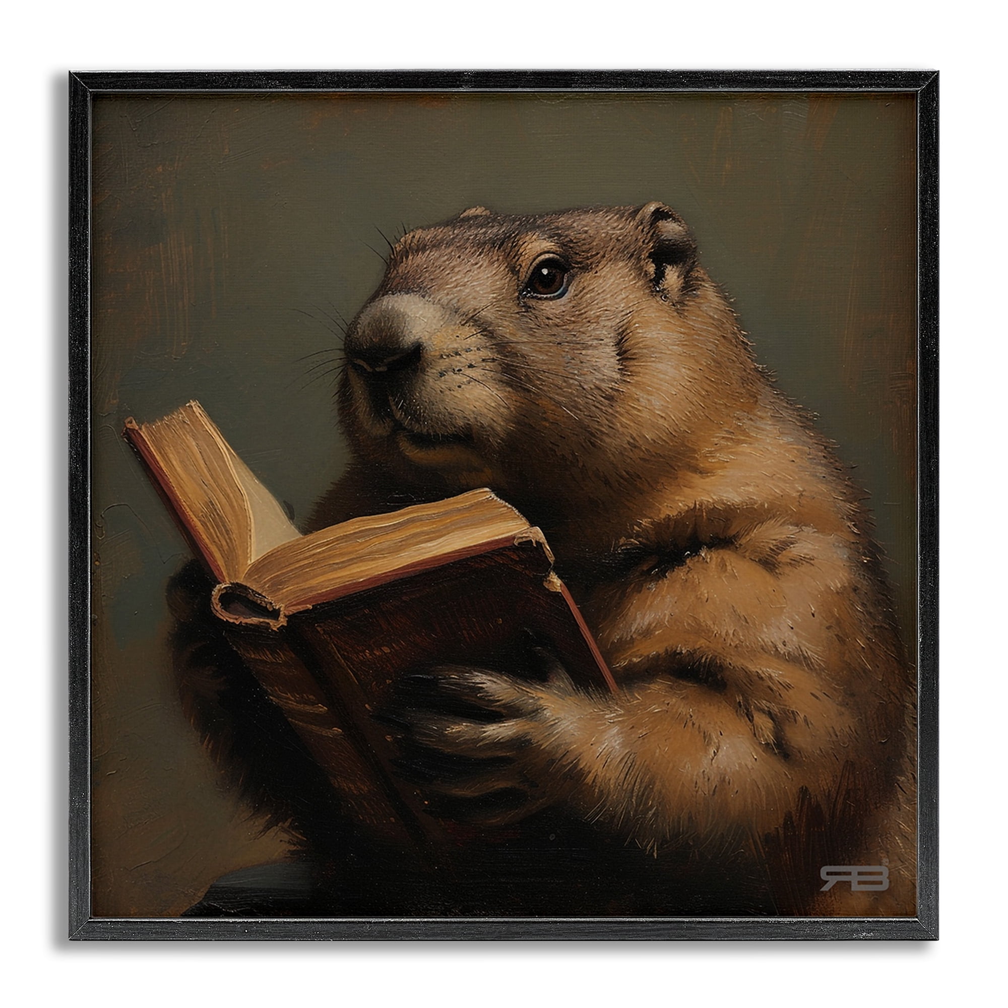 Stupell Industries Groundhog Reading Book Animals & Insects Painting Gray Framed Art Print Wall Art, 17 x 17