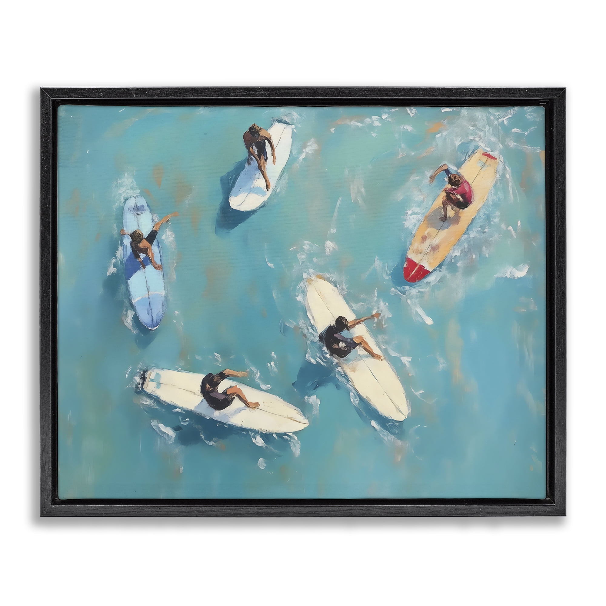 Stupell Industries Group of Surfers at Sea Black Framed Floater Canvas Wall Art, design by LSR Design Studio