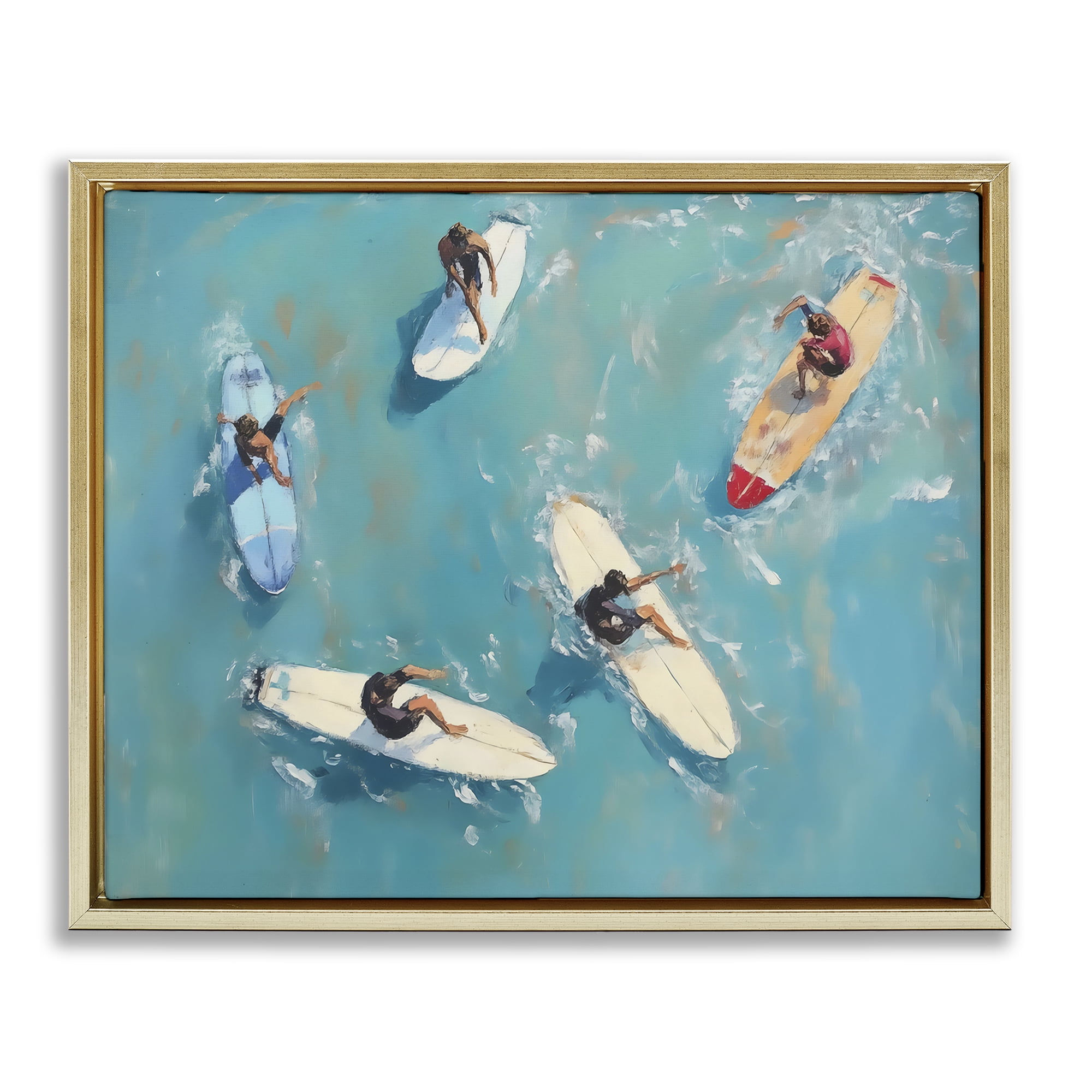 Stupell Industries Group of Surfers at Sea Gold Framed Floater Canvas Wall Art, design by LSR Design Studio