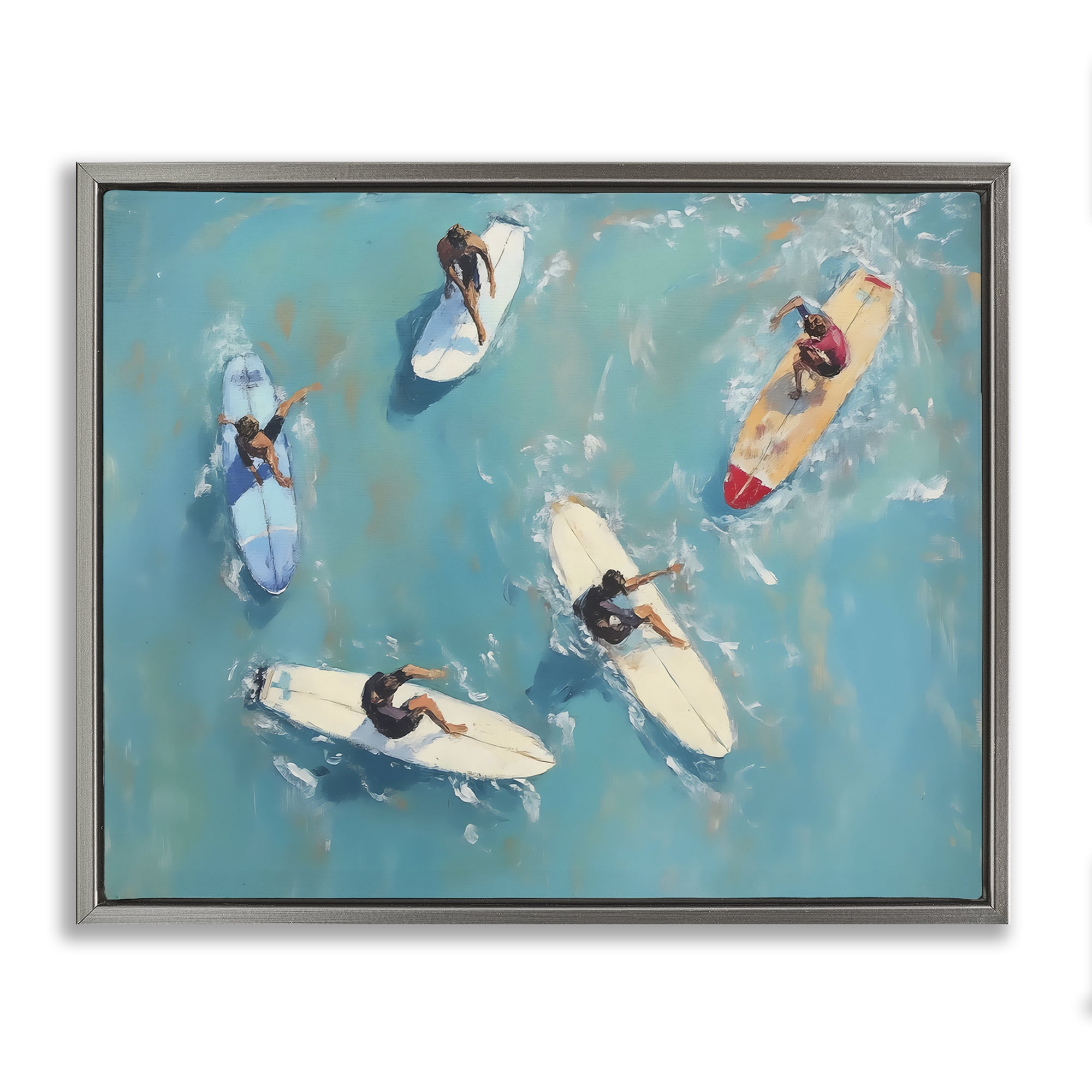 Stupell Industries Group of Surfers at Sea Gray Framed Floater Canvas Wall Art, design by LSR Design Studio