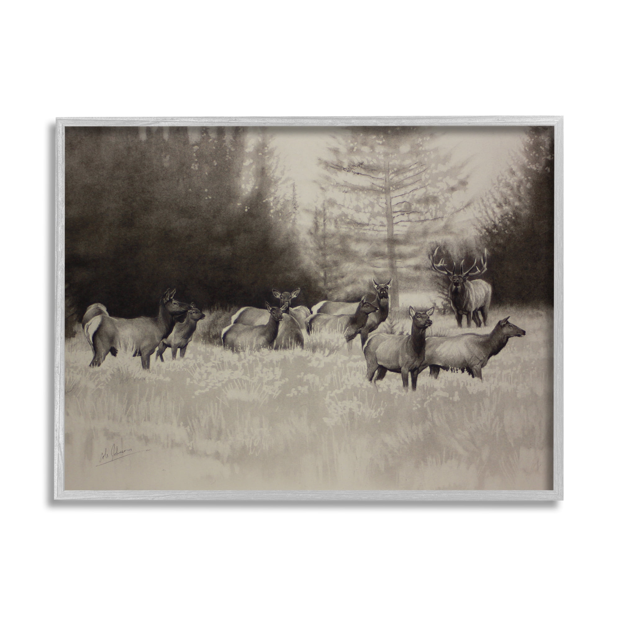 Stupell Industries Group of Woodland Dear Vintage Forest Meadow Landscape Animals & Insects Drawing Gray Framed Art Print Wall Art, 11 x 14