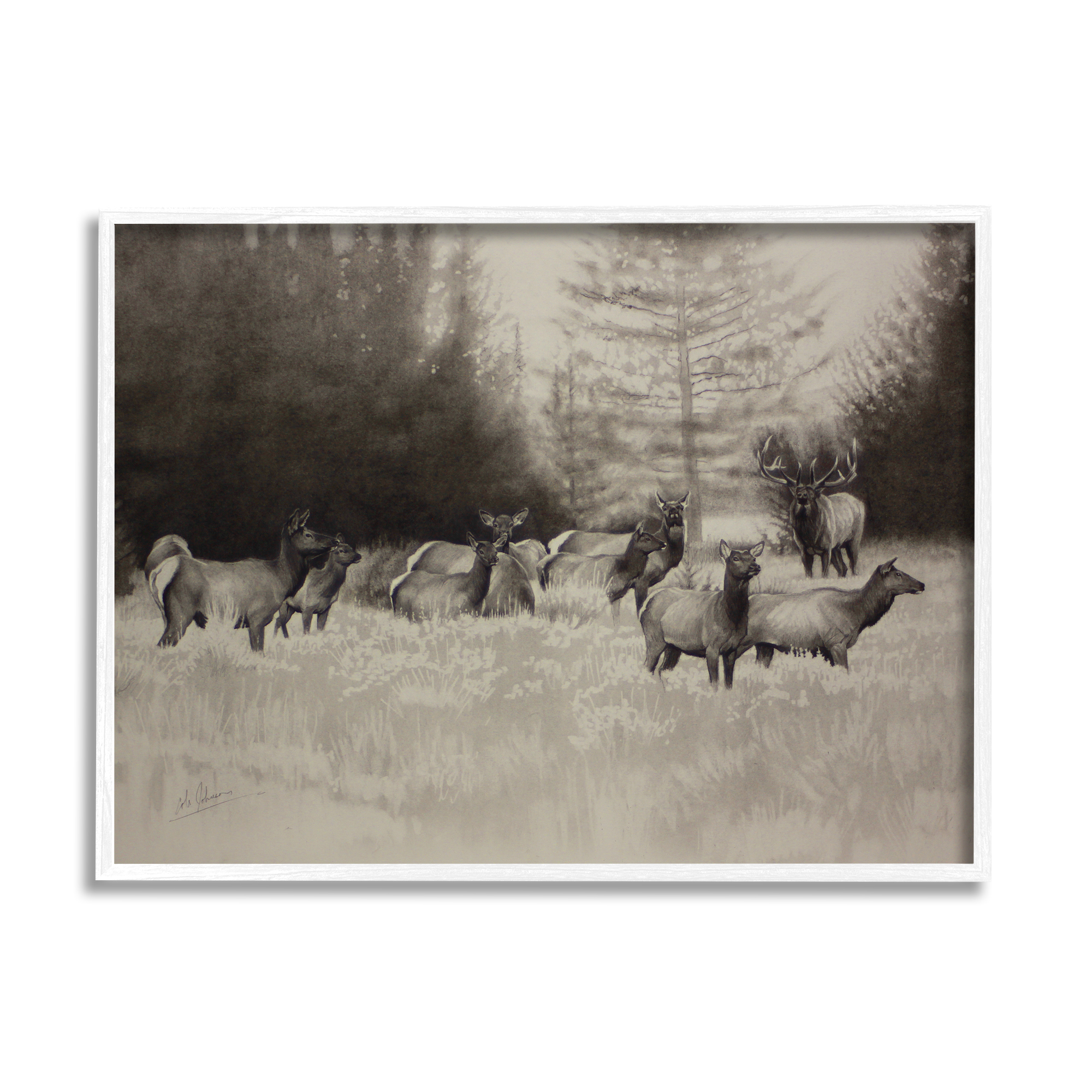 Stupell Industries Group of Woodland Dear Vintage Forest Meadow Landscape Animals & Insects Drawing White Framed Art Print Wall Art, 11 x 14