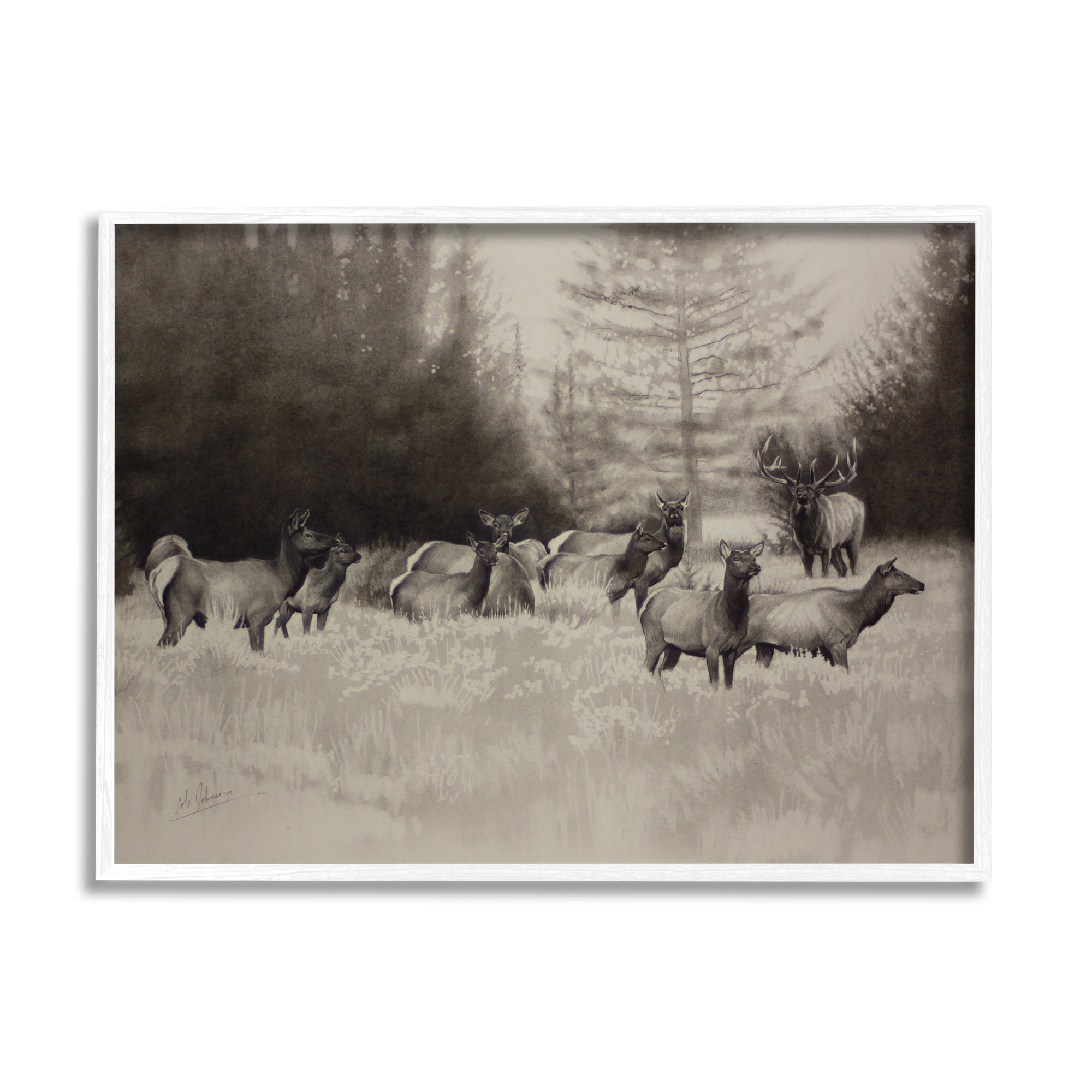 Stupell Industries Group of Woodland Dear Vintage Forest Meadow Landscape Animals & Insects Drawing White Framed Art Print Wall Art, 24 x 30