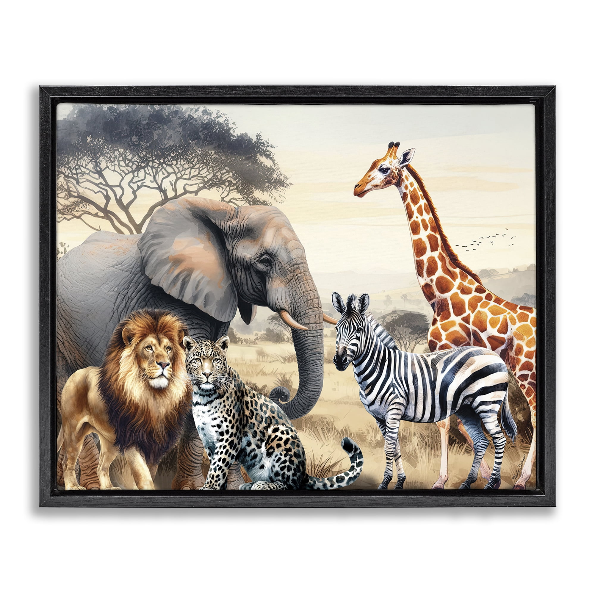 Stupell Industries Grouped Jungle Animals Animals Painting Black Floater Framed Canvas Art Print Wall Art, 21 x 17