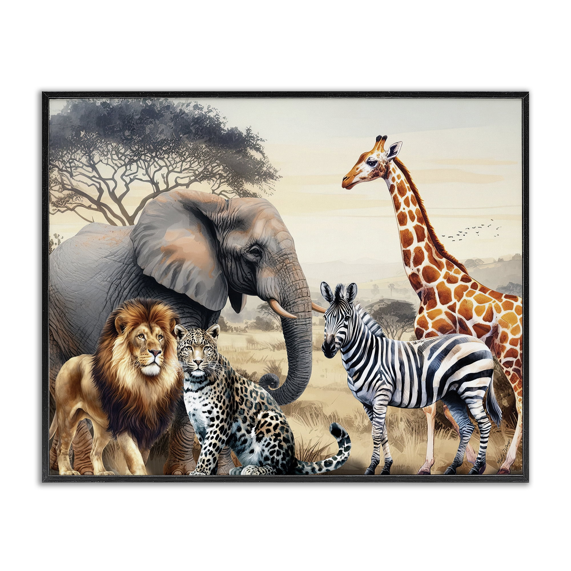 Stupell Industries Grouped Jungle Animals Animals Painting Black Framed Art Print Wall Art, 30 x 24