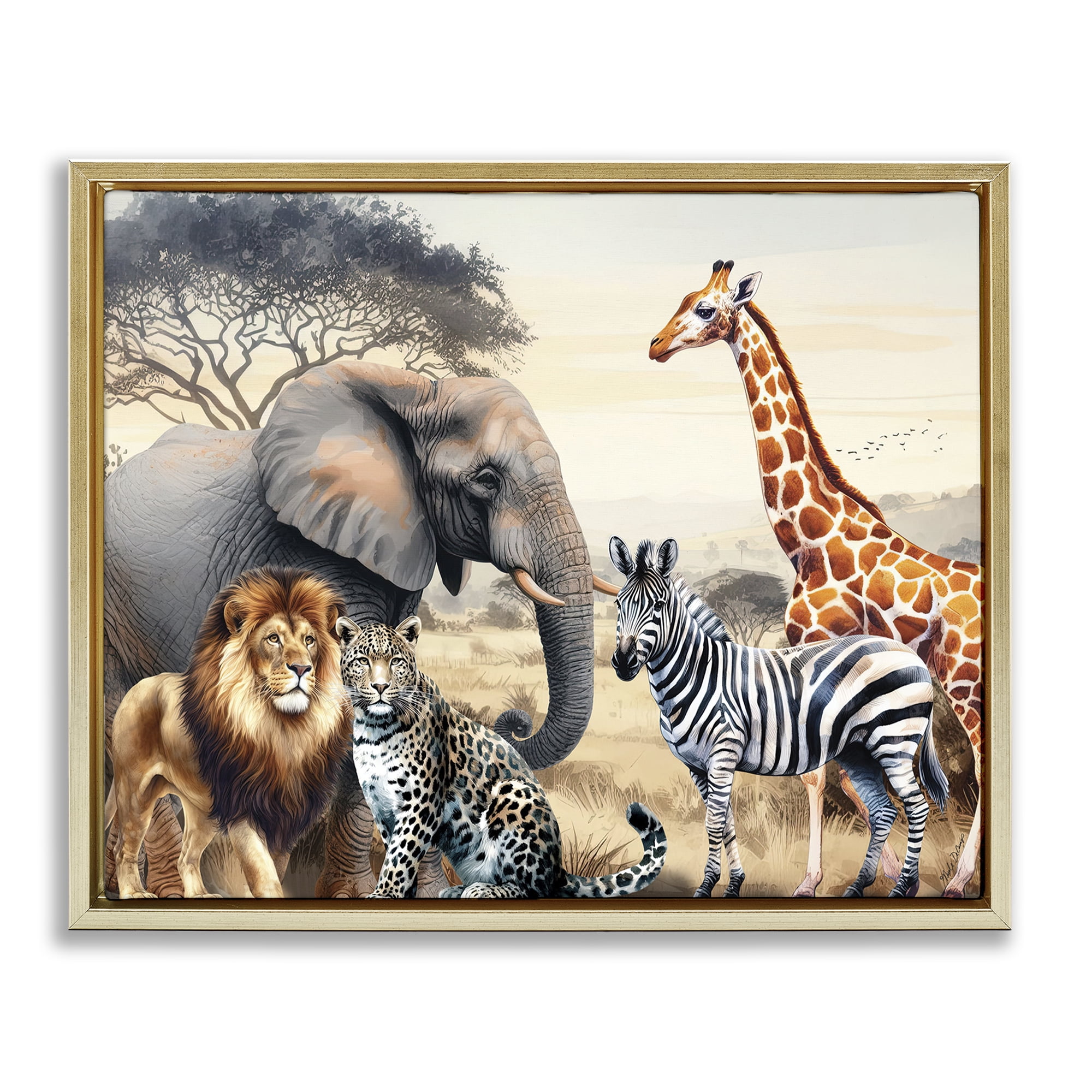 Stupell Industries Grouped Jungle Animals Animals Painting Gold Floater Framed Canvas Art Print Wall Art, 21 x 17
