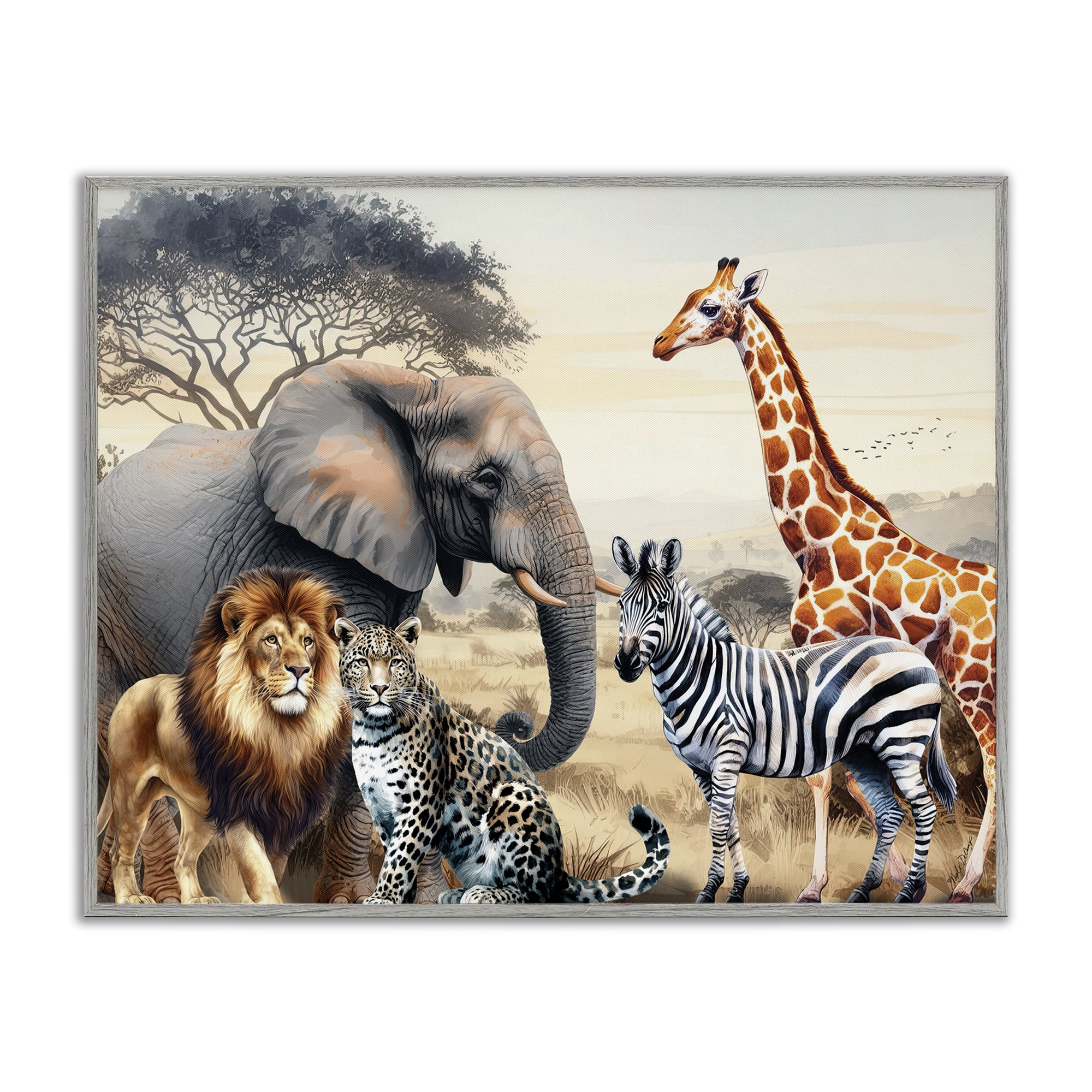 Stupell Industries Grouped Jungle Animals Animals Painting Gray Framed Art Print Wall Art, 20 x 16