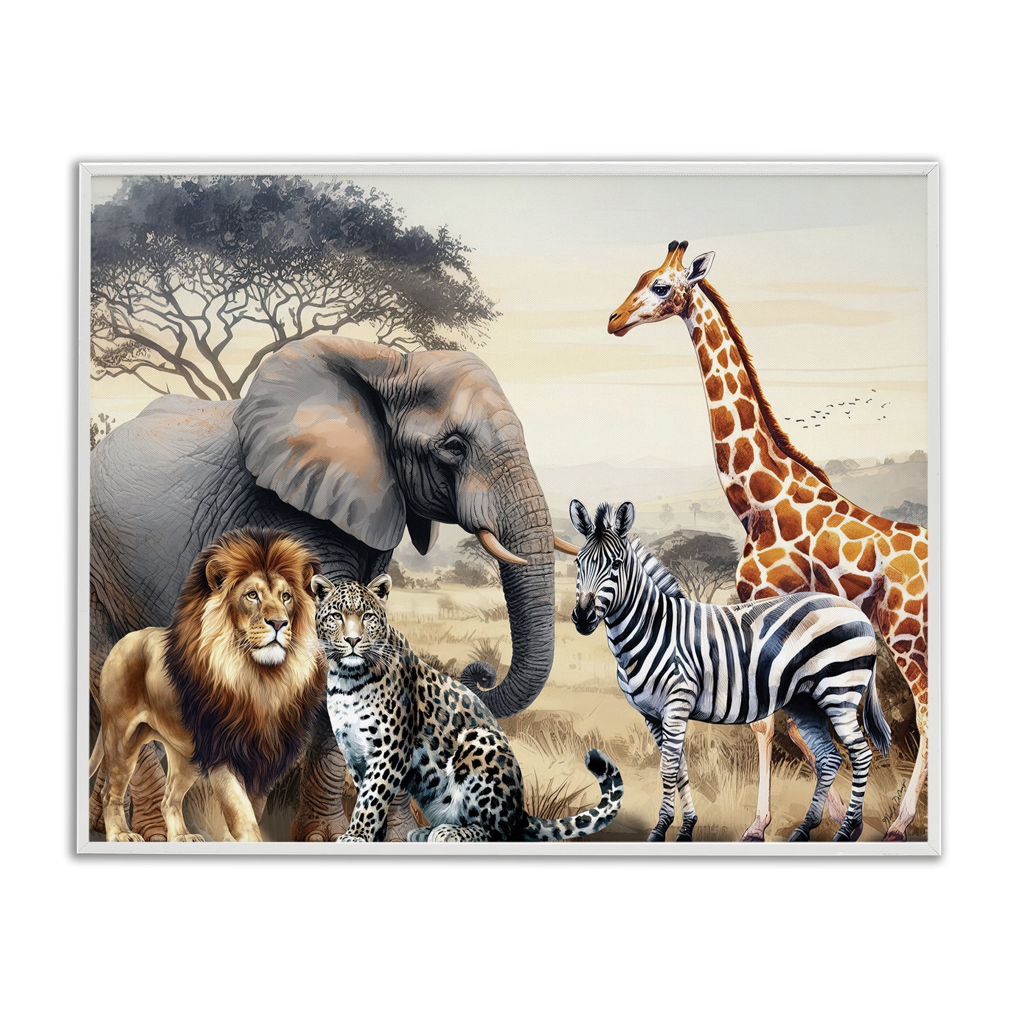 Stupell Industries Grouped Jungle Animals Animals Painting White Framed Art Print Wall Art, 14 x 11