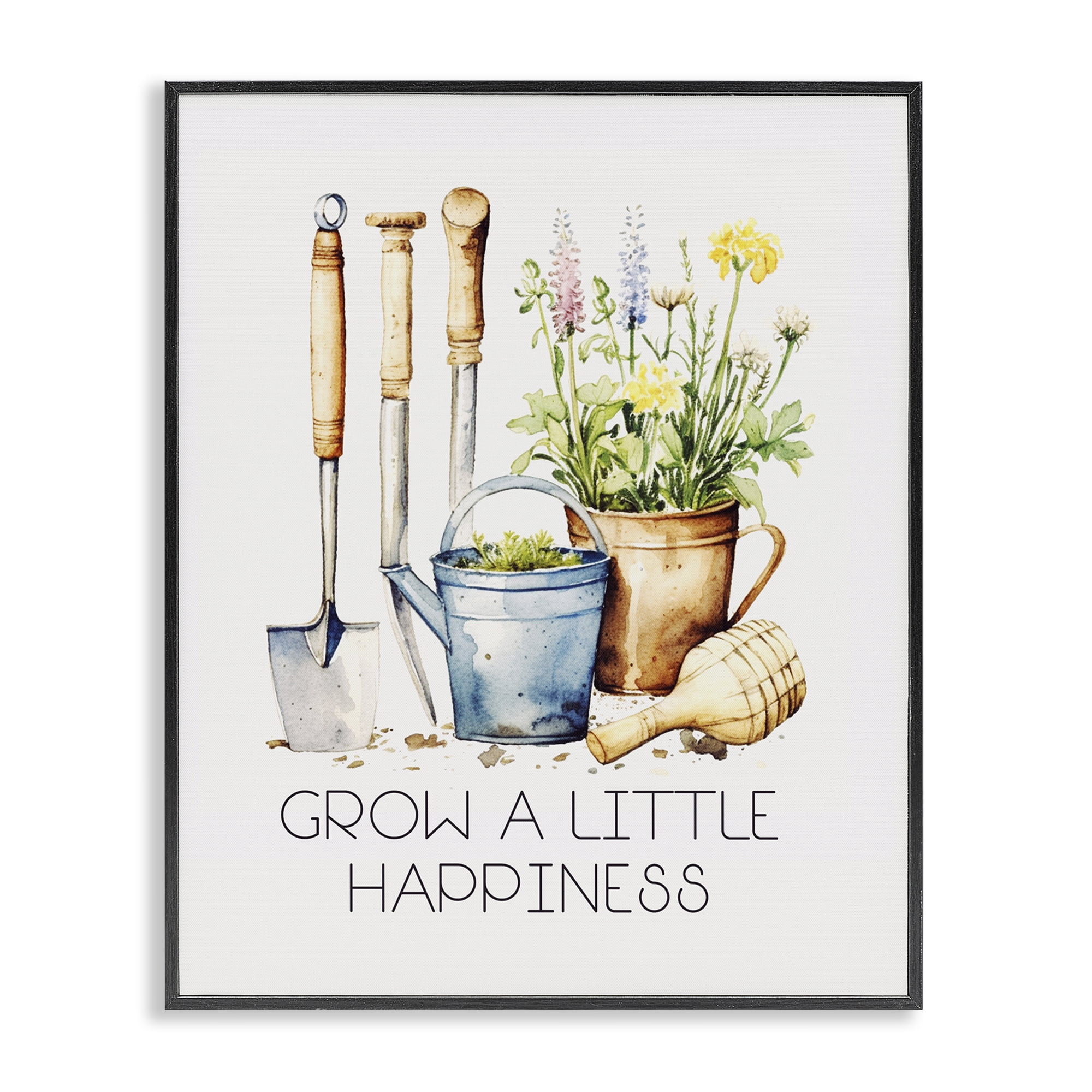 Stupell Industries Grow Happiness Gardening Plants & Flowers Painting Black Framed Art Print Wall Art, 16 x 20