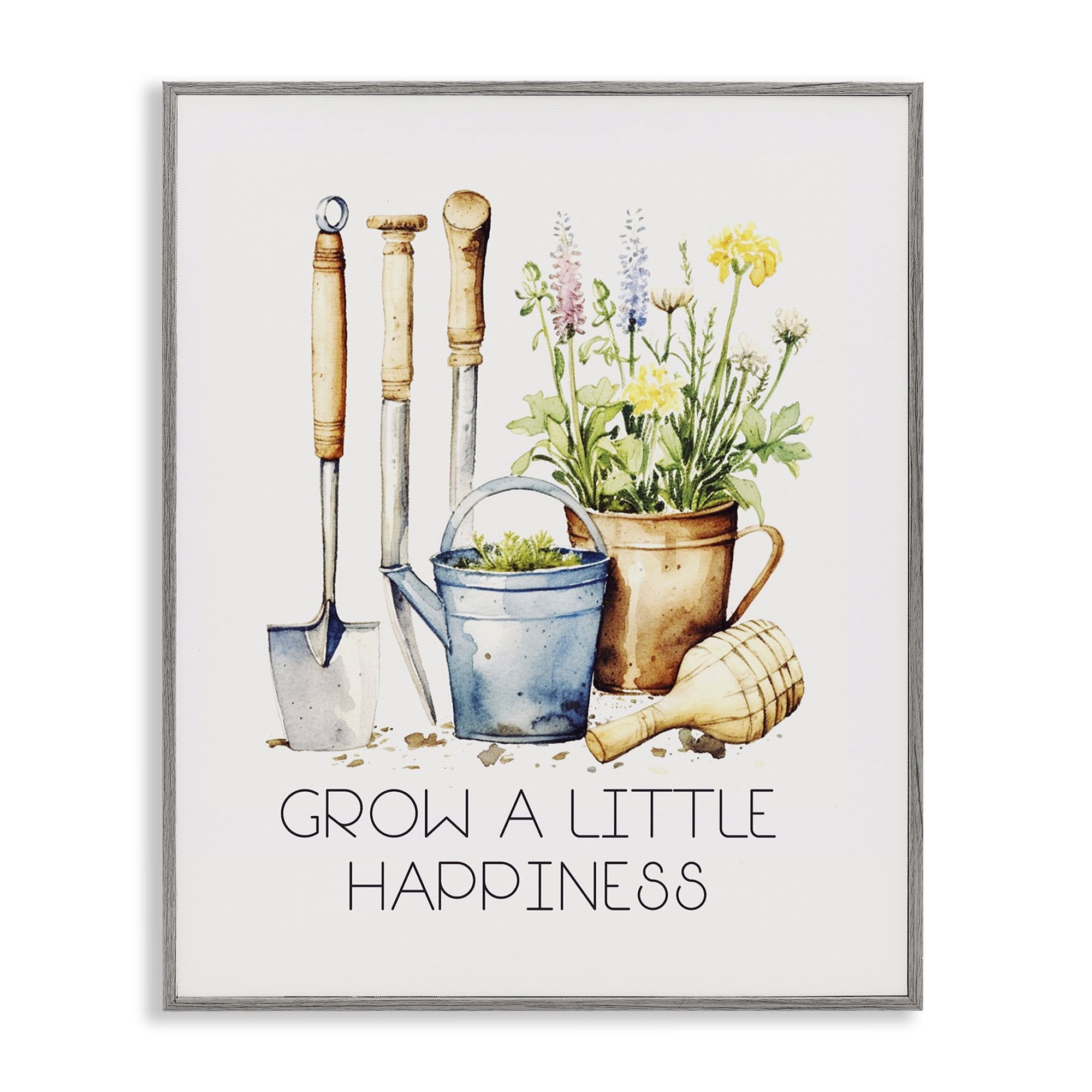 Stupell Industries Grow Happiness Gardening Plants & Flowers Painting Gray Framed Art Print Wall Art, 24 x 30