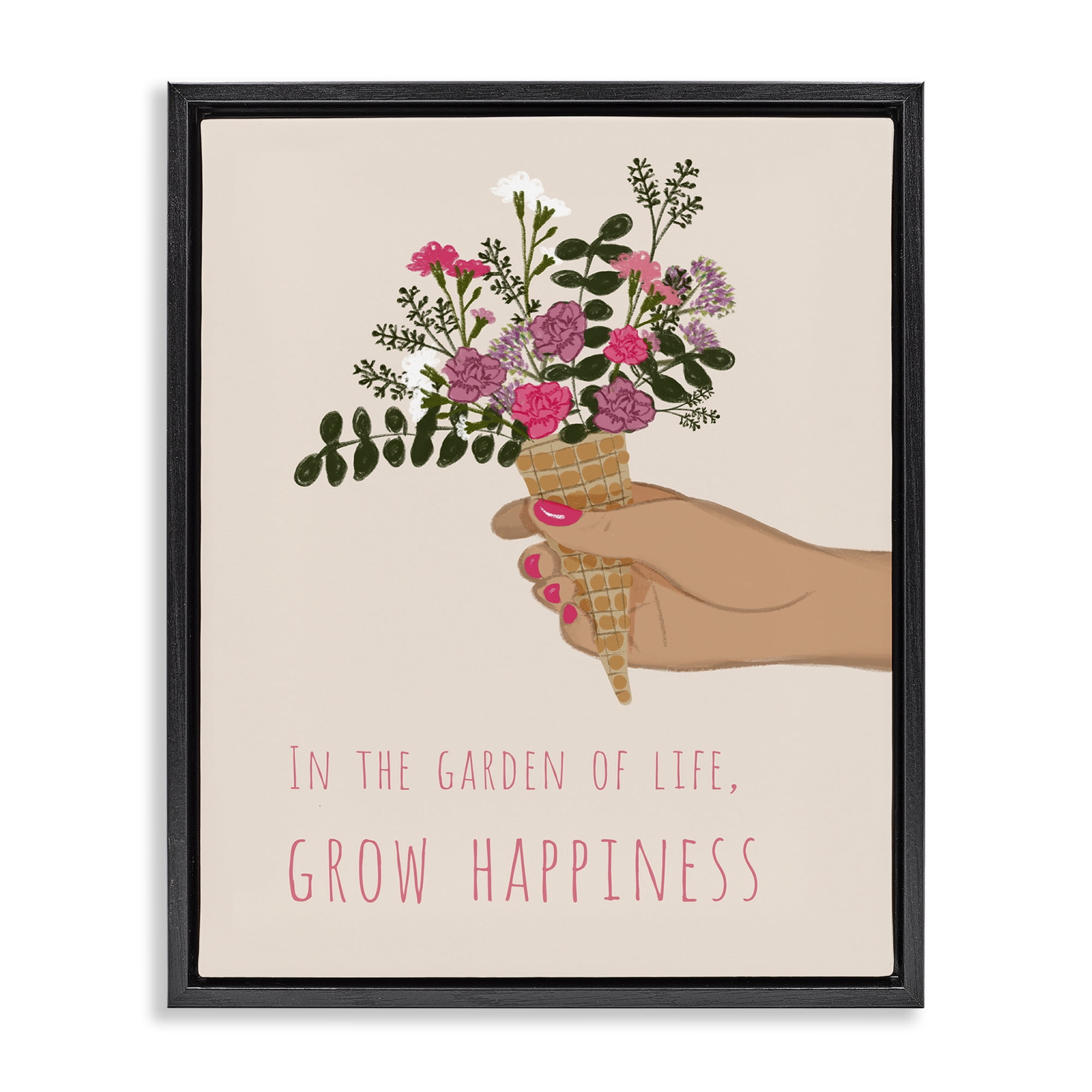 Stupell Industries Grow Happiness with Florals Plants & Flowers Painting Black Floater Framed Canvas Art Print Wall Art, 17 x 21