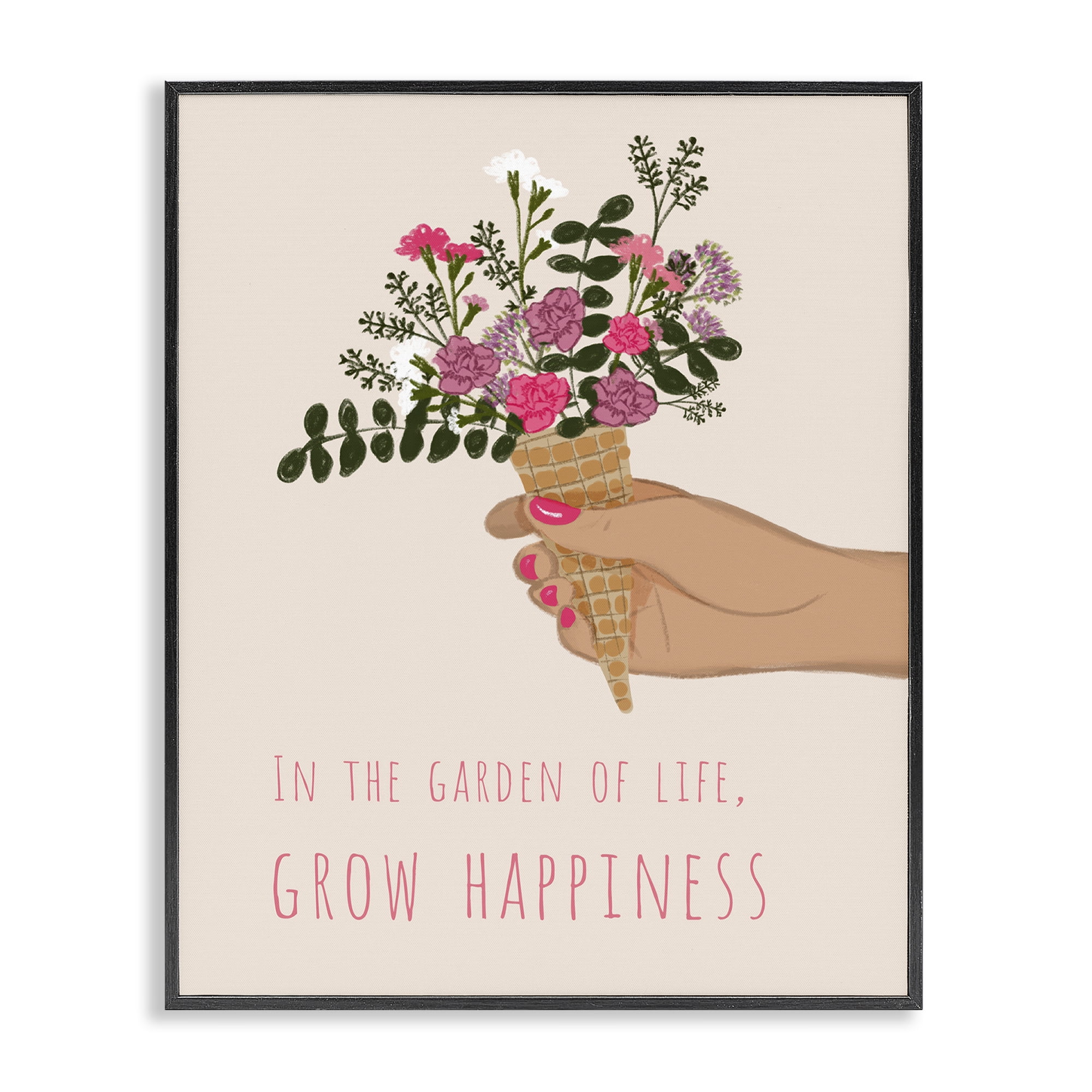Stupell Industries Grow Happiness with Florals Plants & Flowers Painting Black Framed Art Print Wall Art, 16 x 20