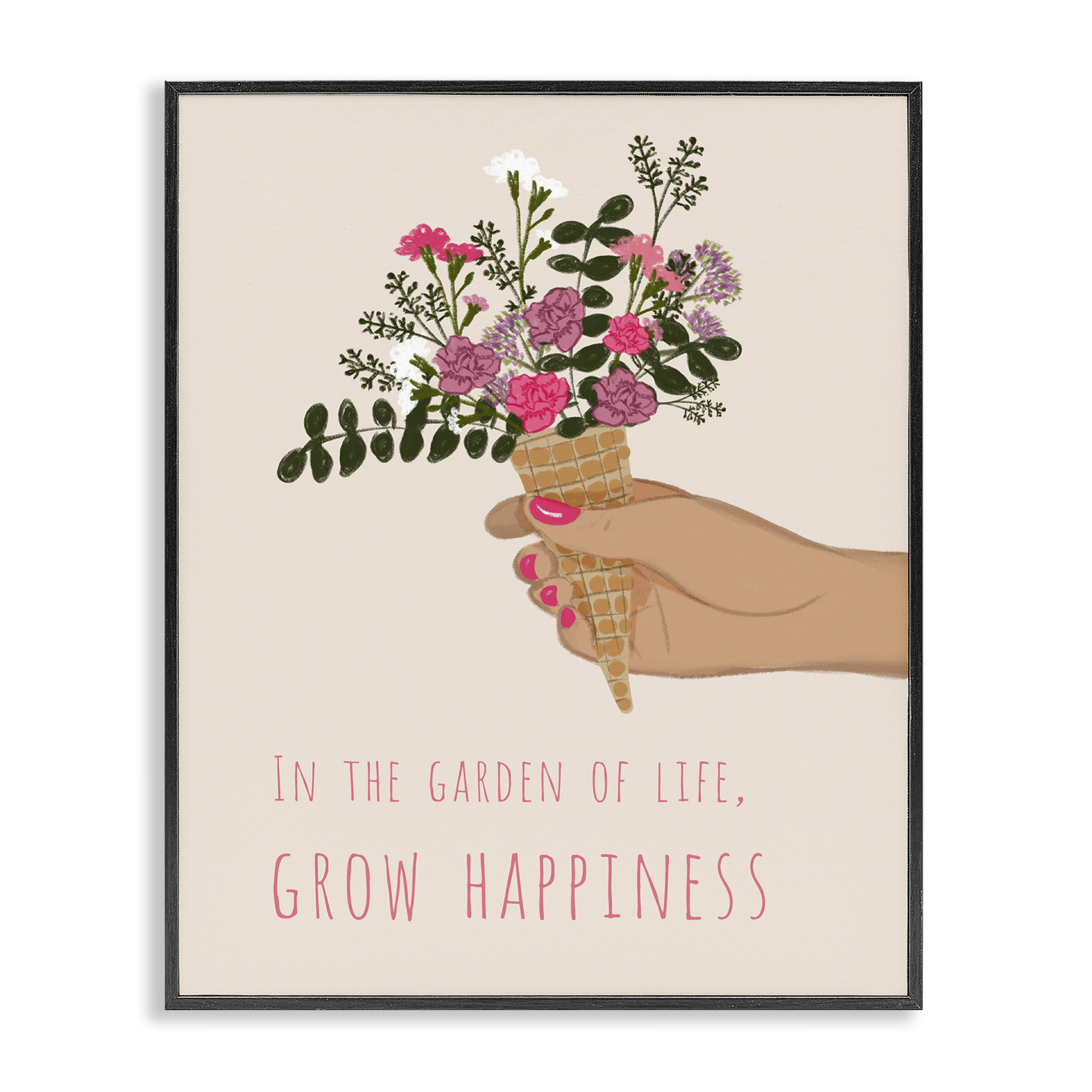 Stupell Industries Grow Happiness with Florals Plants & Flowers Painting Black Framed Art Print Wall Art, 24 x 30
