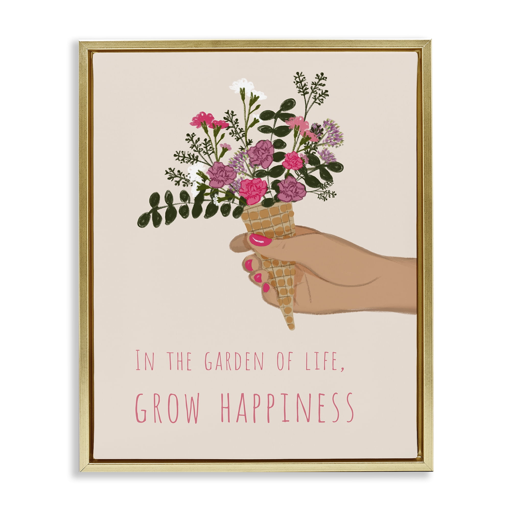 Stupell Industries Grow Happiness with Florals Plants & Flowers Painting Gold Floater Framed Canvas Art Print Wall Art, 17 x 21