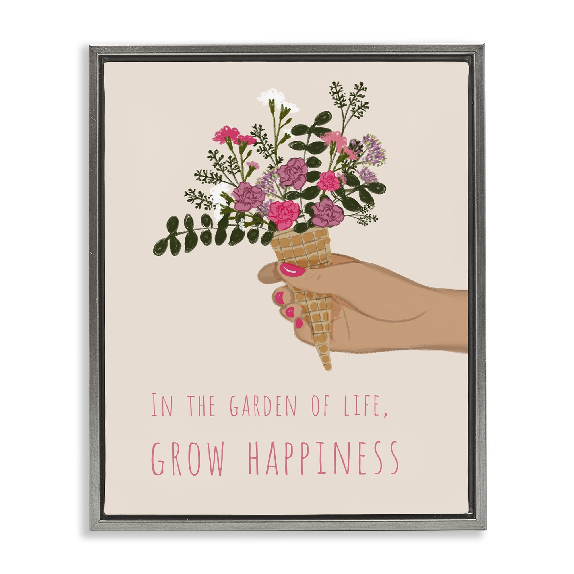 Stupell Industries Grow Happiness with Florals Plants & Flowers Painting Gray Floater Framed Canvas Art Print Wall Art, 25 x 31