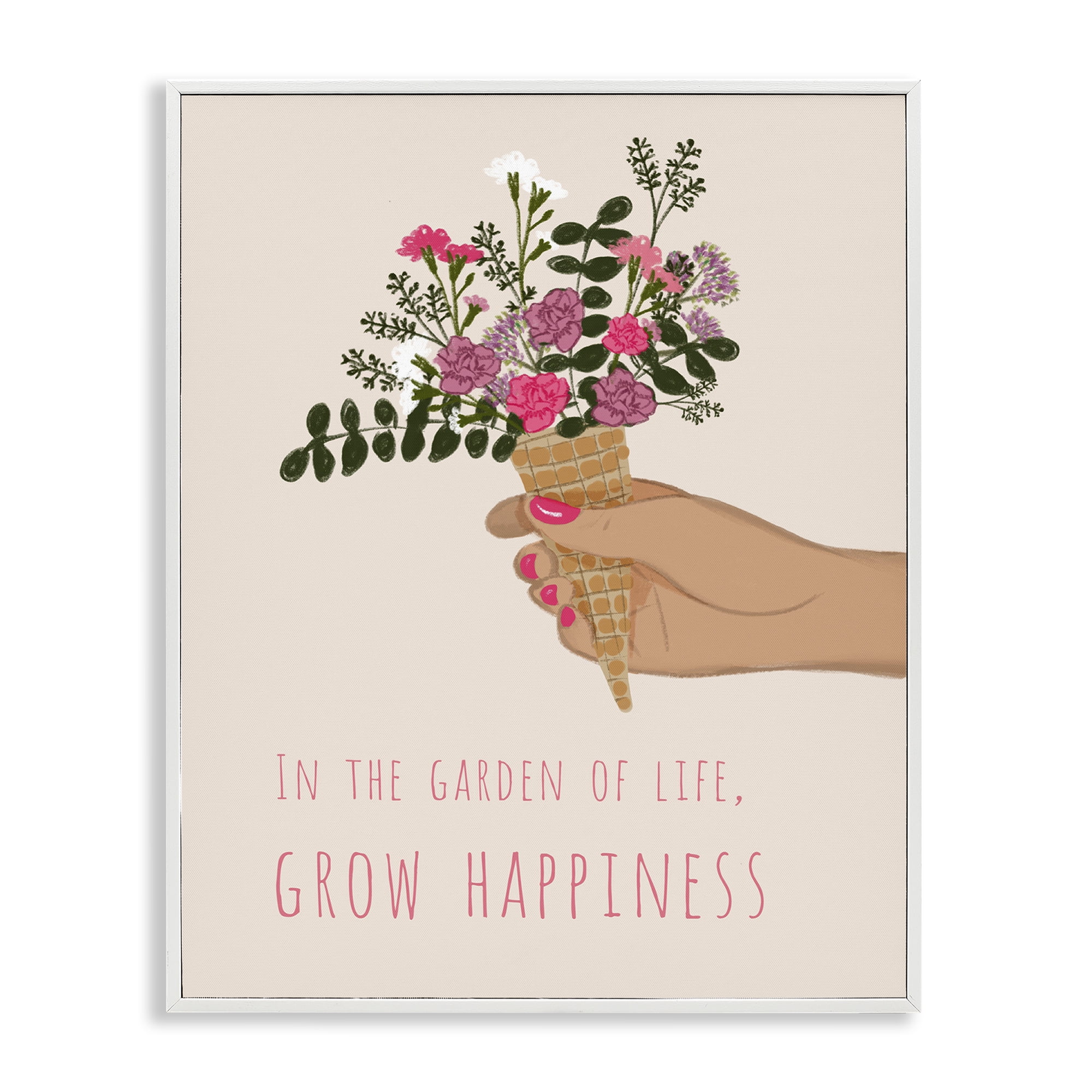 Stupell Industries Grow Happiness with Florals Plants & Flowers Painting White Framed Art Print Wall Art, 11 x 14