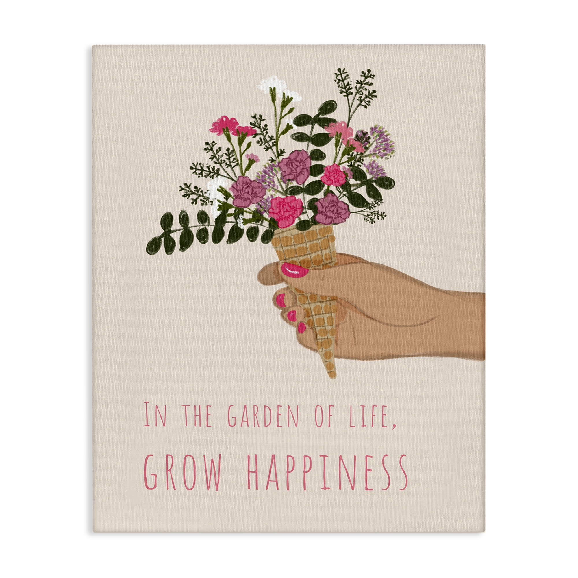 Stupell Industries Grow Happiness with Florals Plants & Flowers Painting Wrapped Canvas Art Print Wall Art, 30 x 40