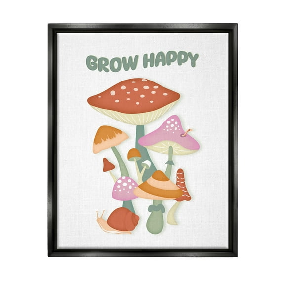 Stupell Industries Grow Happy Retro Mushrooms Botanical & Floral Painting Black Floater Framed Canvas Art Print Wall Art, 17 x 21