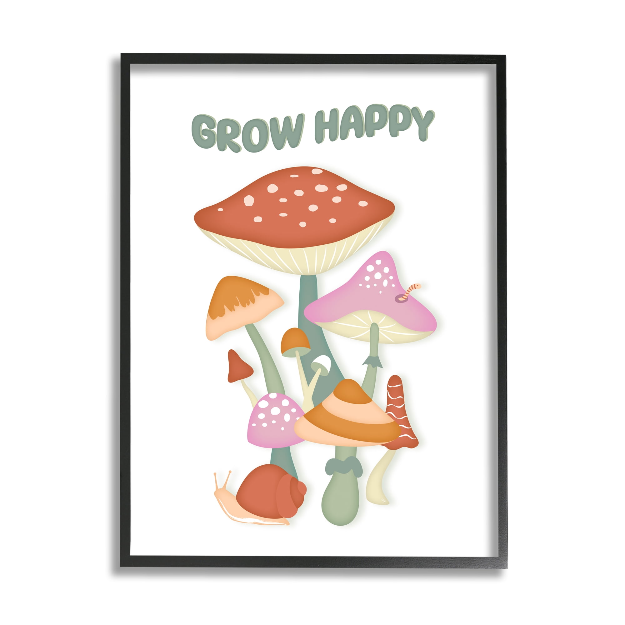 Stupell Industries Grow Happy Retro Mushrooms Botanical & Floral Painting Black Framed Art Print Wall Art, 16 x 20