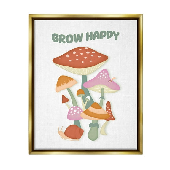 Stupell Industries Grow Happy Retro Mushrooms Botanical & Floral Painting Gold Floater Framed Canvas Art Print Wall Art, 17 x 21