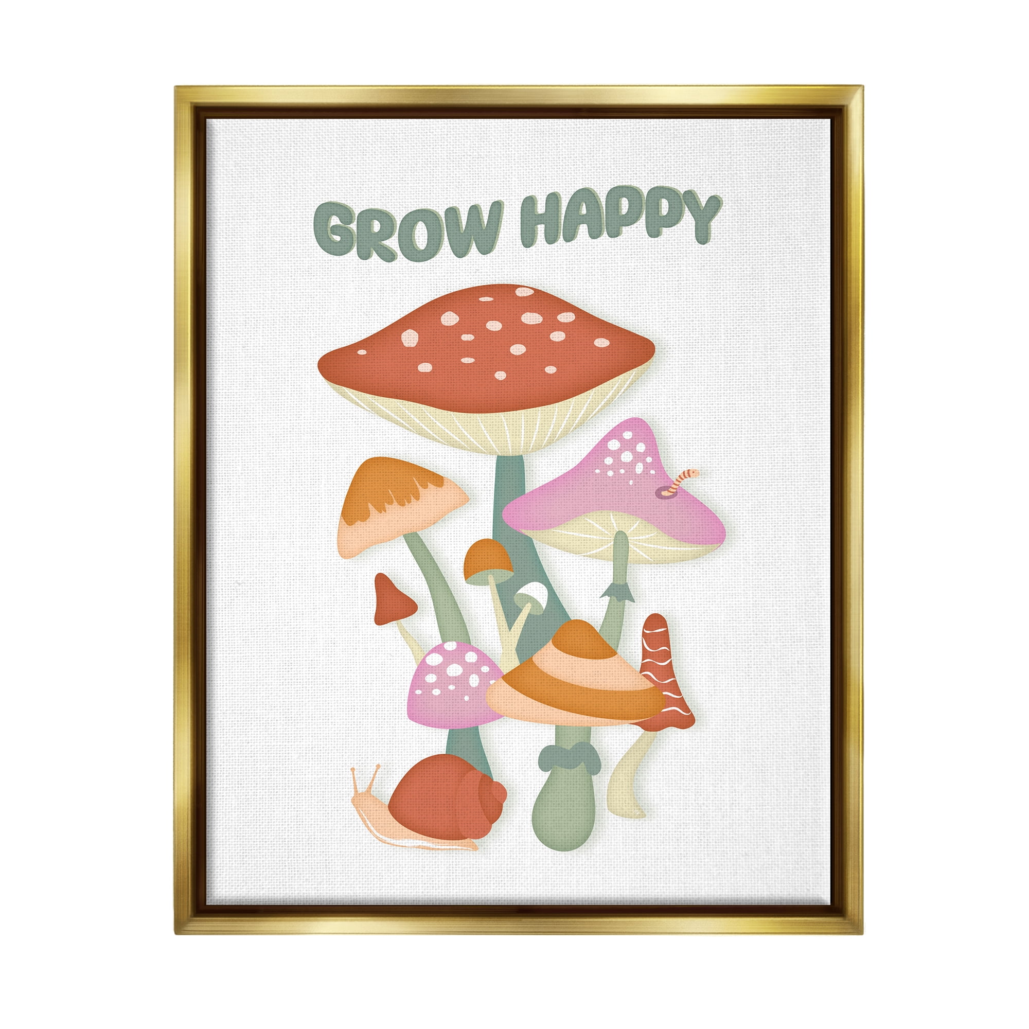 Stupell Industries Grow Happy Retro Mushrooms Botanical & Floral Painting Gold Floater Framed Canvas Art Print Wall Art, 25 x 31