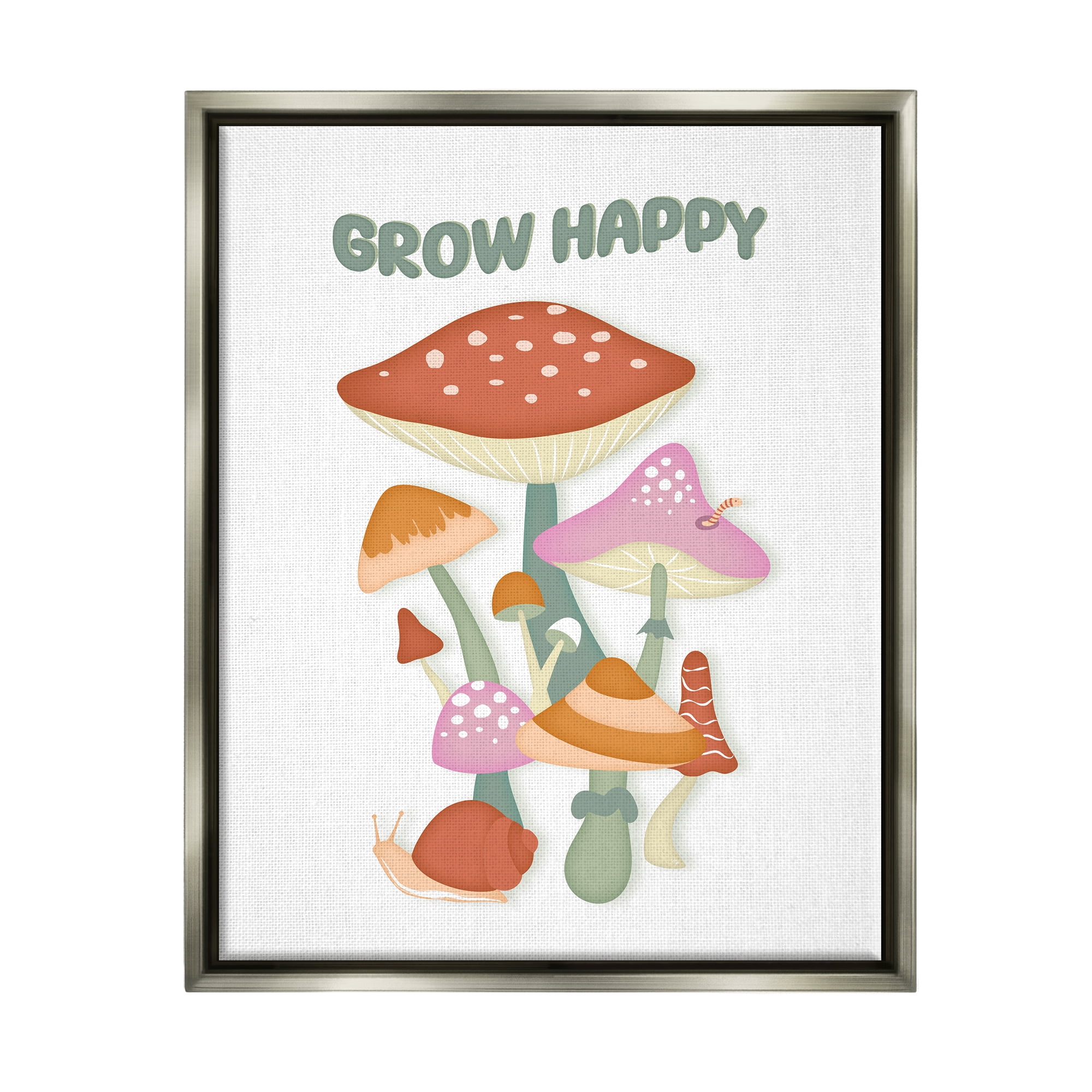 Stupell Industries Grow Happy Retro Mushrooms Botanical & Floral Painting Gray Floater Framed Canvas Art Print Wall Art, 25 x 31