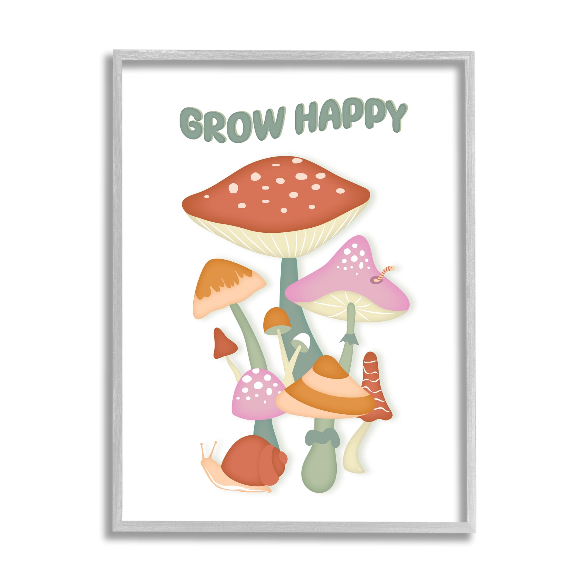 Stupell Industries Grow Happy Retro Mushrooms Botanical & Floral Painting Gray Framed Art Print Wall Art, 16 x 20
