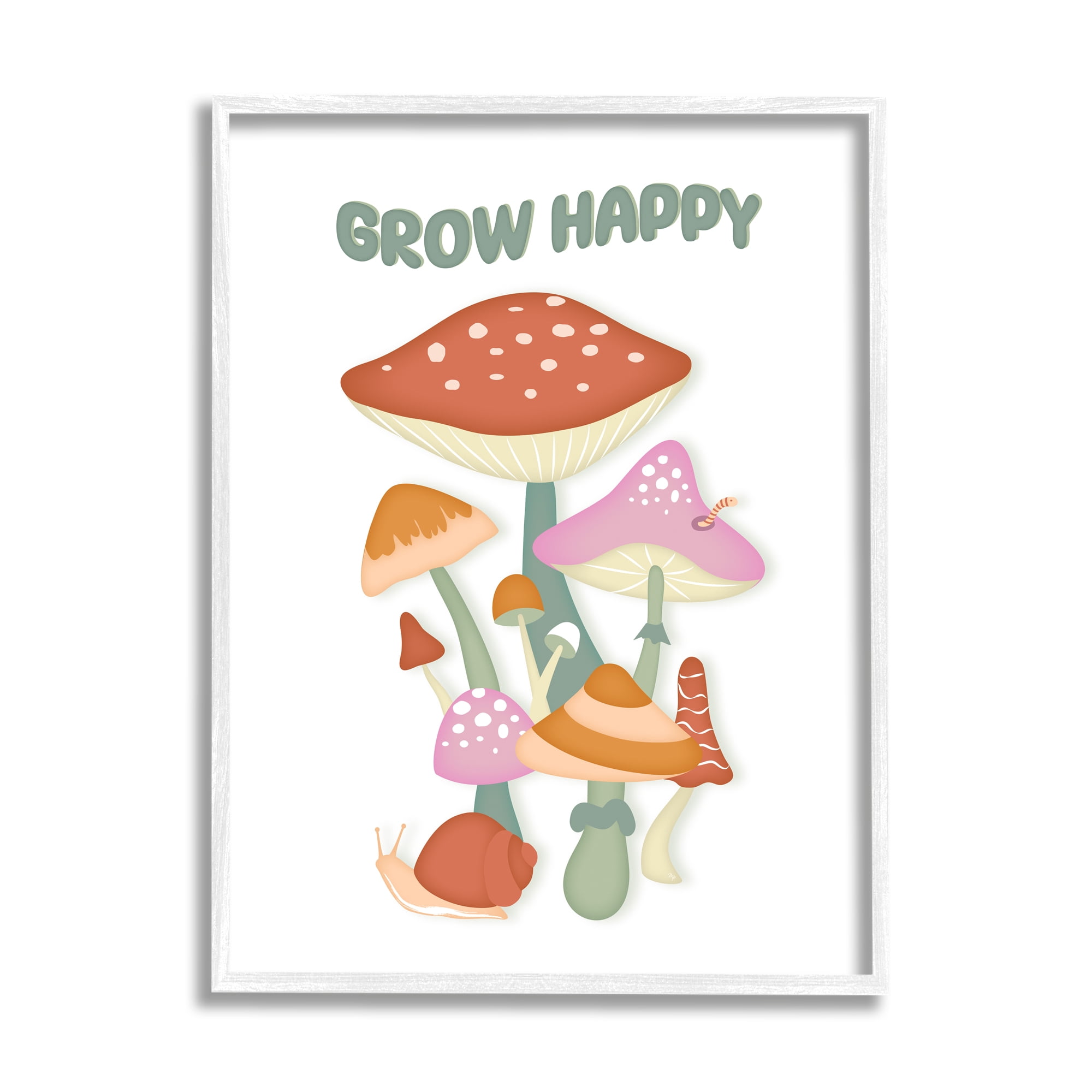 Stupell Industries Grow Happy Retro Mushrooms Botanical & Floral Painting White Framed Art Print Wall Art, 24 x 30