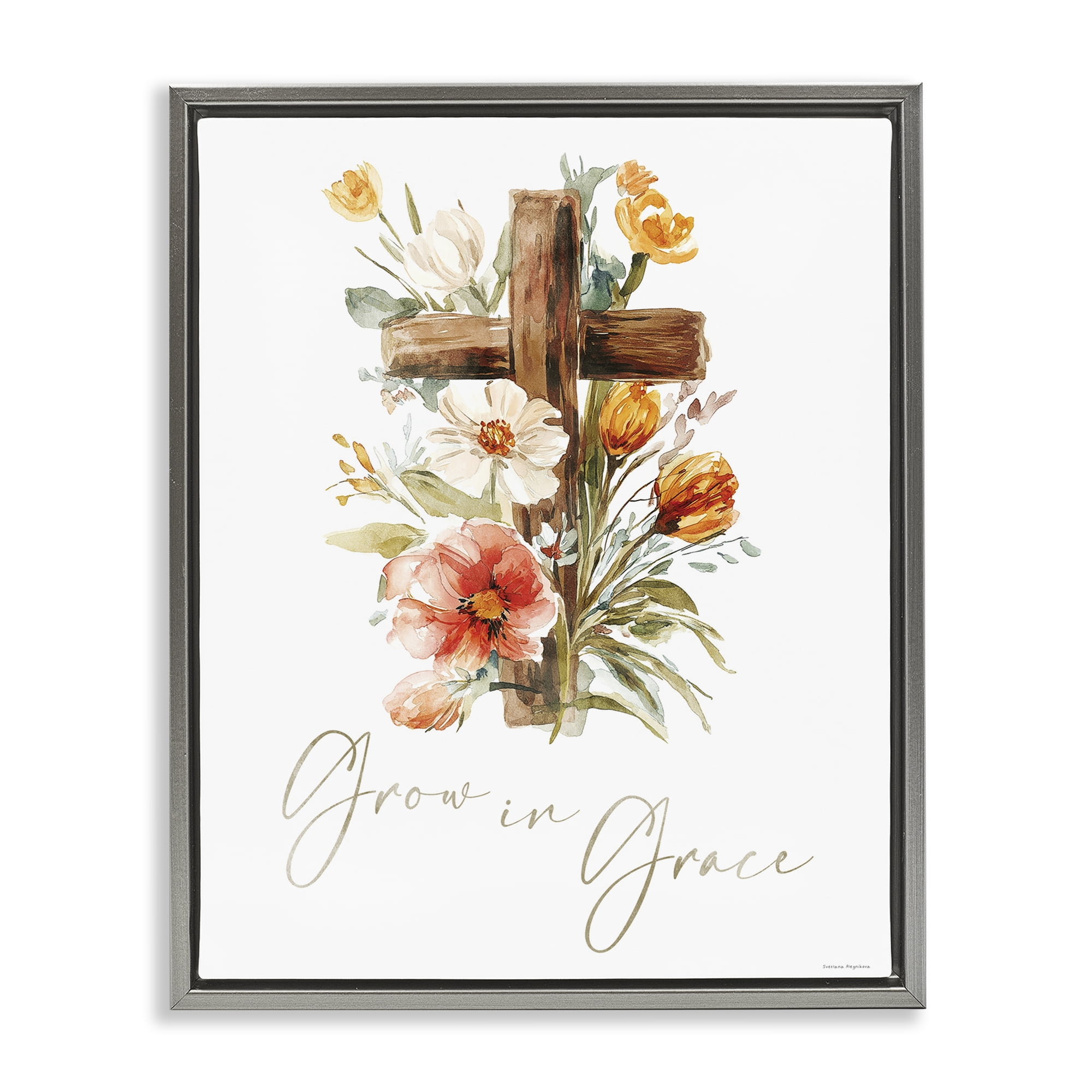 Stupell Industries Grow In Grace Cross Gray Framed Floater Canvas Wall Art, design by Svetlana Aleynikova