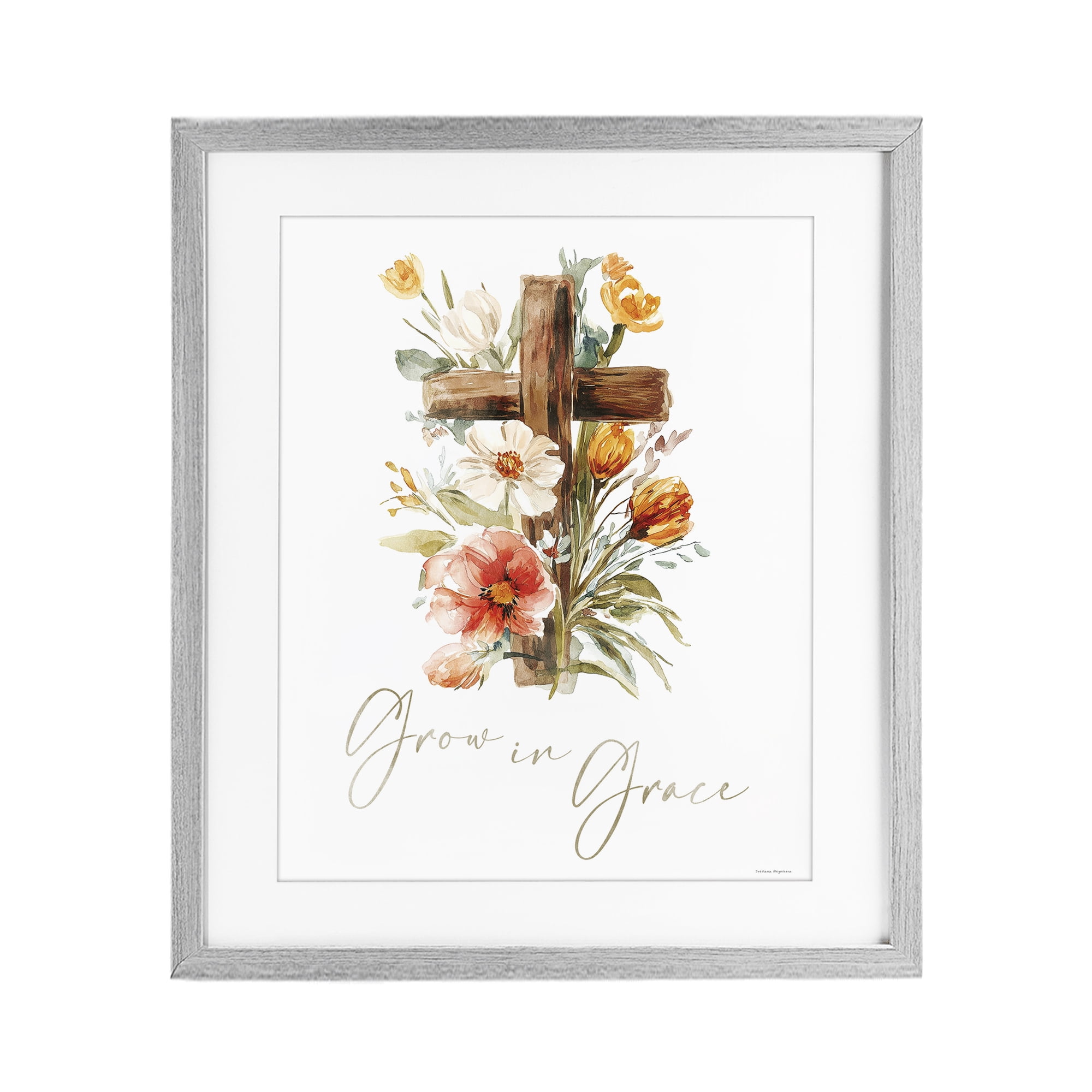 Stupell Industries Grow In Grace Cross Gray Framed Print Under Glass, design by Svetlana Aleynikova