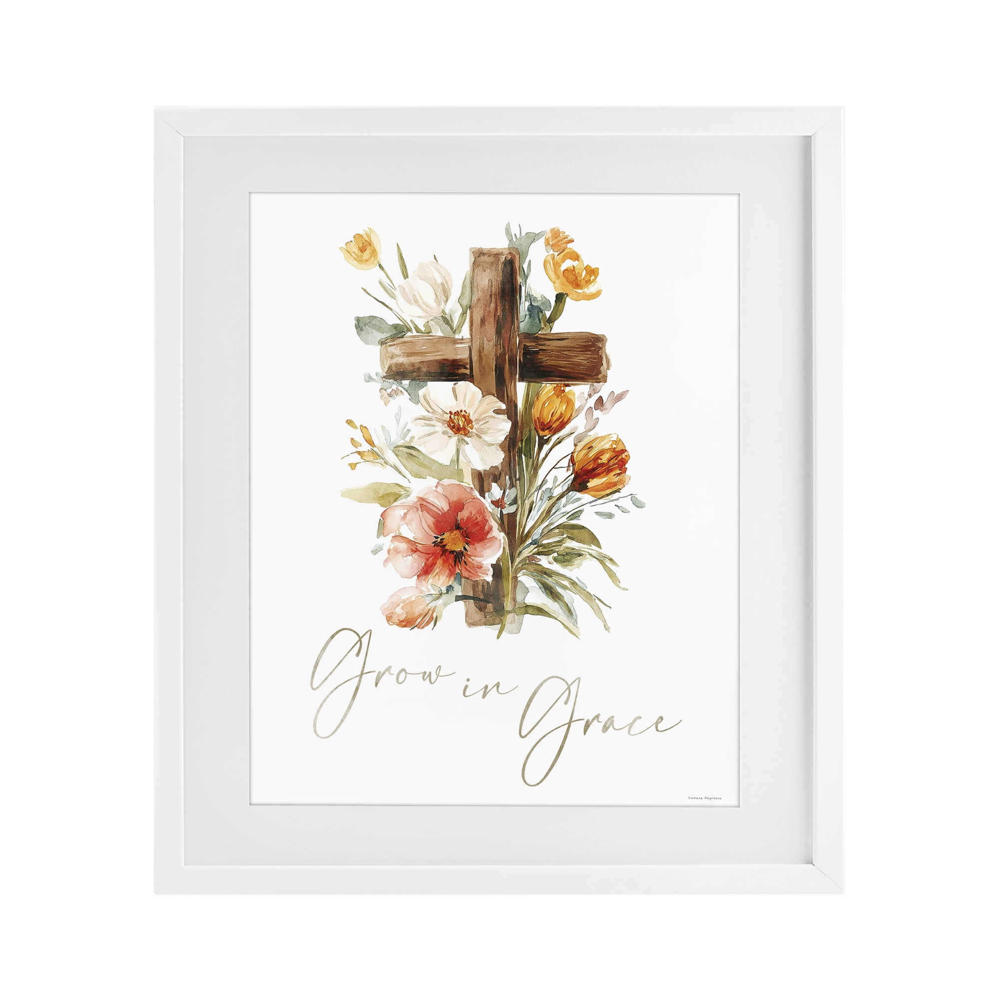 Stupell Industries Grow In Grace Cross White Framed Print Under Glass, design by Svetlana Aleynikova