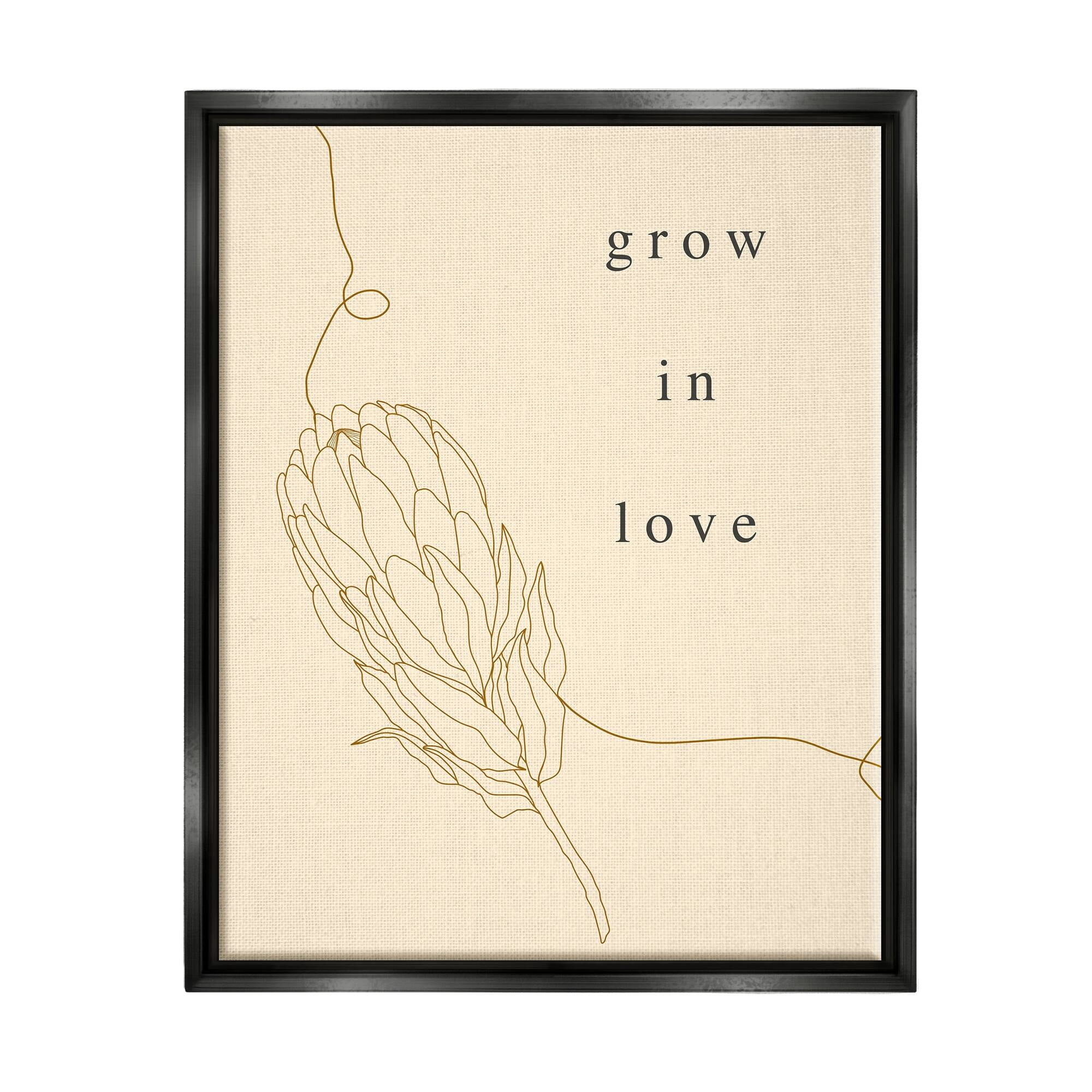Stupell Industries Grow In Love Quote Plant Blossom Line Drawing Jet Black Framed Floating Canvas Wall Art, 24x30, by Lil' Rue
