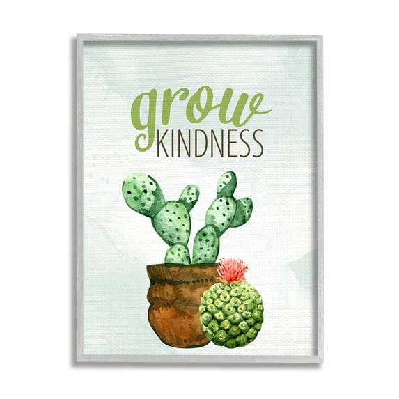 Stupell Industries Grow Kindness Calligraphy Phrase Potted Cactus Plants Graphic Art Gray Framed Art Print Wall Art, Design by Kim Allen