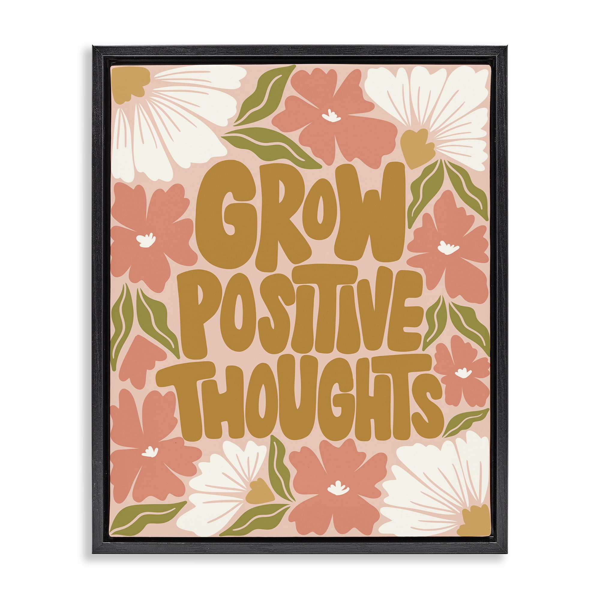 Stupell Industries Grow Positive Thoughts Plants & Flowers Painting Black Floater Framed Canvas Art Print Wall Art, 17 x 21